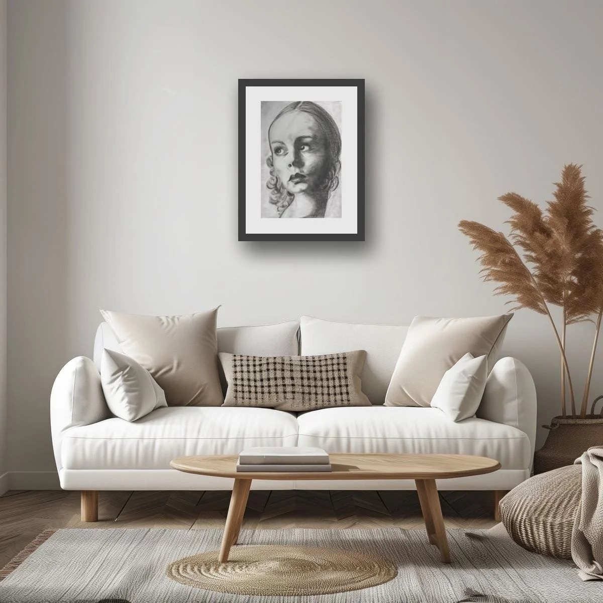 Where Time Falls Quiet displayed in a soft neutral living room, showing how the original portrait fits a calm contemporary interior.