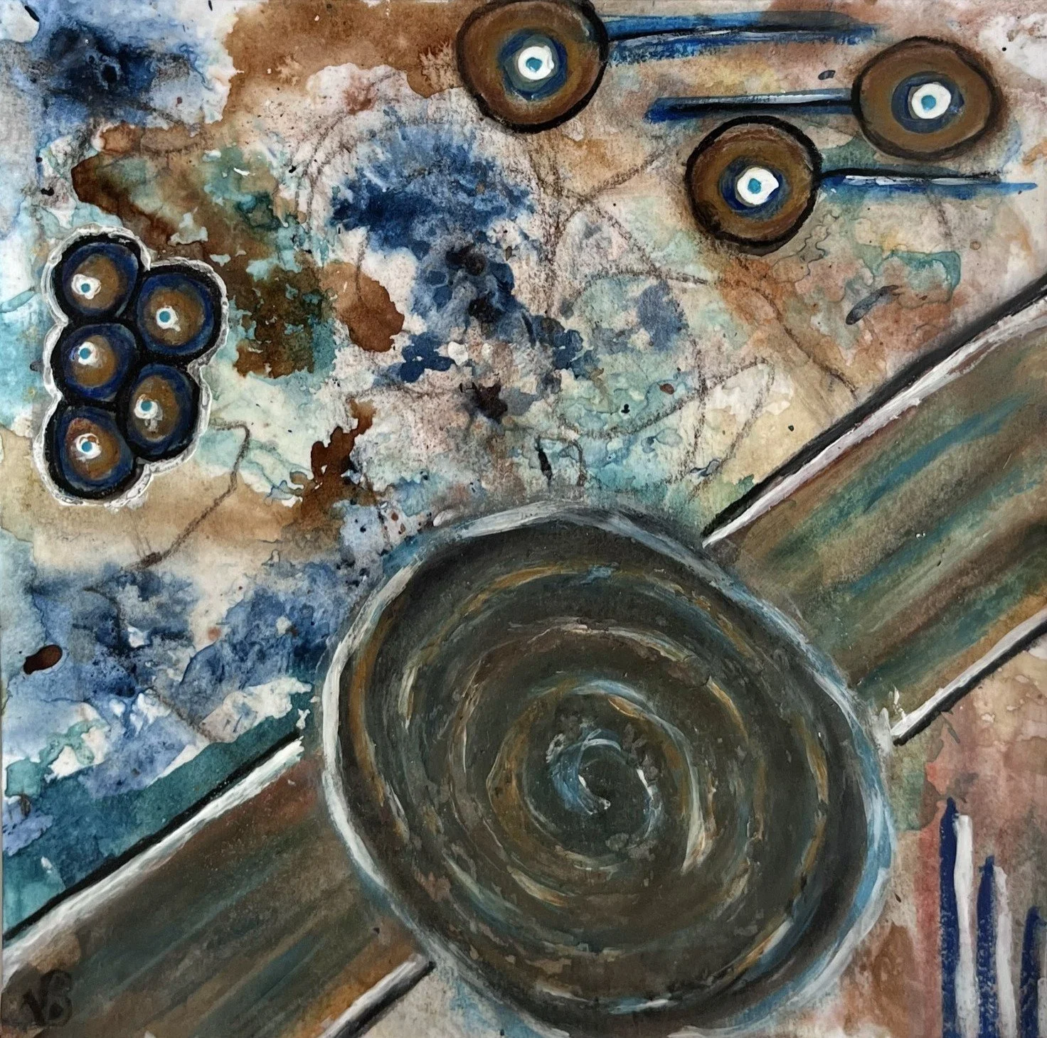 "LOST IN THE UNIVERSE" turns matter into an imagined celestial map.
Granular washes of blue, turquoise, ochre and earth tones spread across the surface while concentric circles suggest planets, trajectories or distant systems. Lines cross the composi