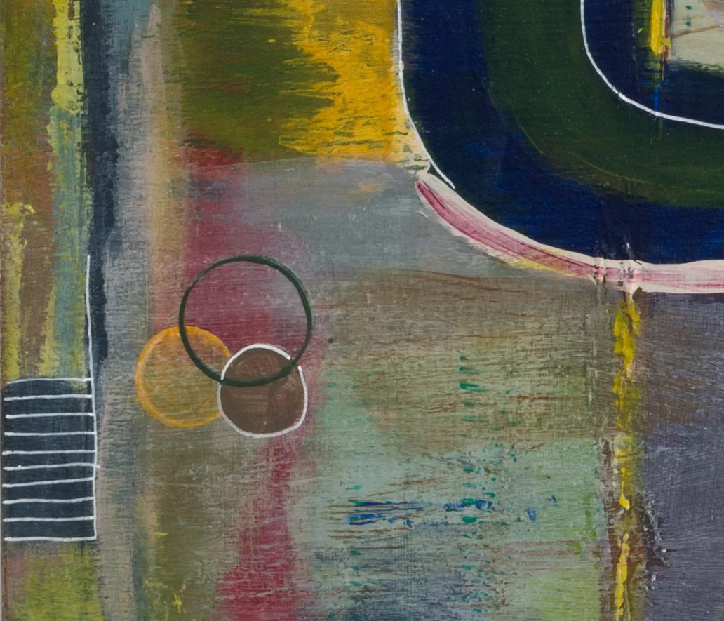 Detail of painted circles, layered texture and expressive mark-making in The Soul in Colour by Virginie Bergar.