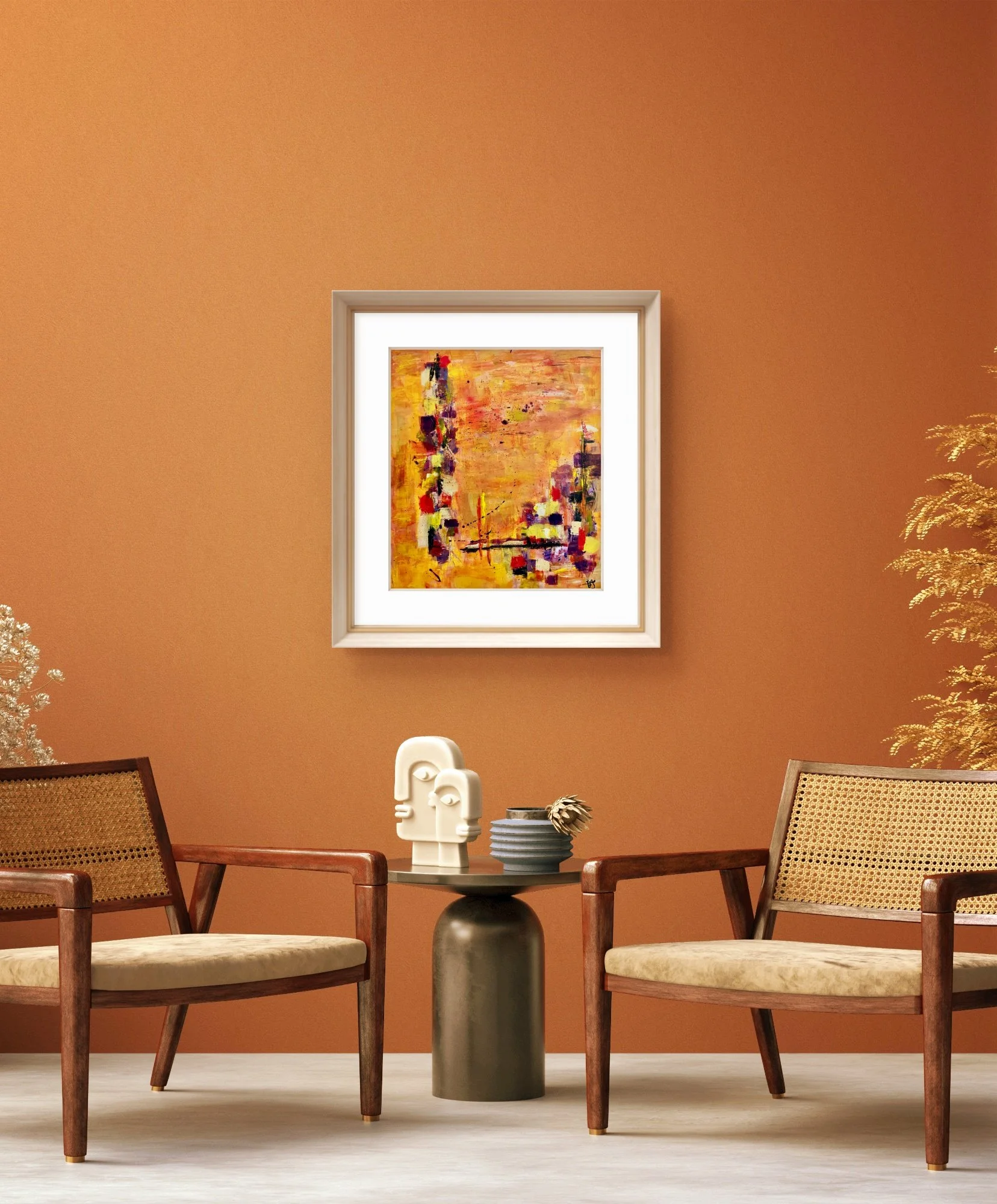 Incandescent Metamorphosis displayed in a warm terracotta interior, showing the colourful abstract painting in a refined contemporary setting.