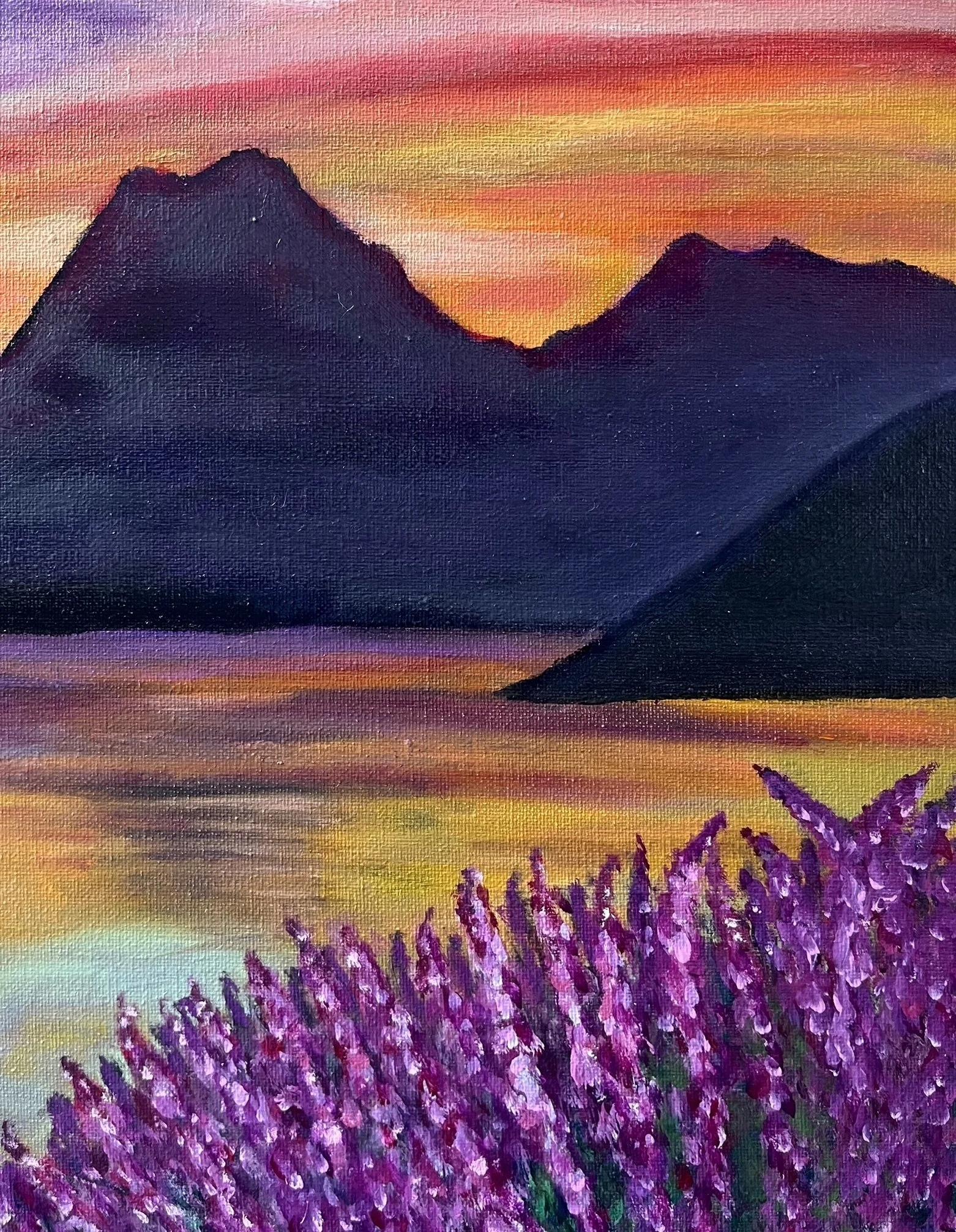 Landscape oil painting with vibrant sunset around montain and lake. the scene is serene and quiet, letting the viewers with his inner introspection and contemplation