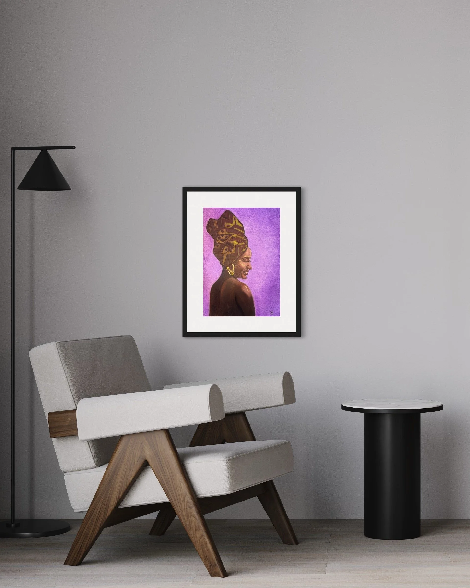 Woman of Ivory and Ebony by Virginie Bergar displayed in a minimalist contemporary interior with grey wall and modern armchair