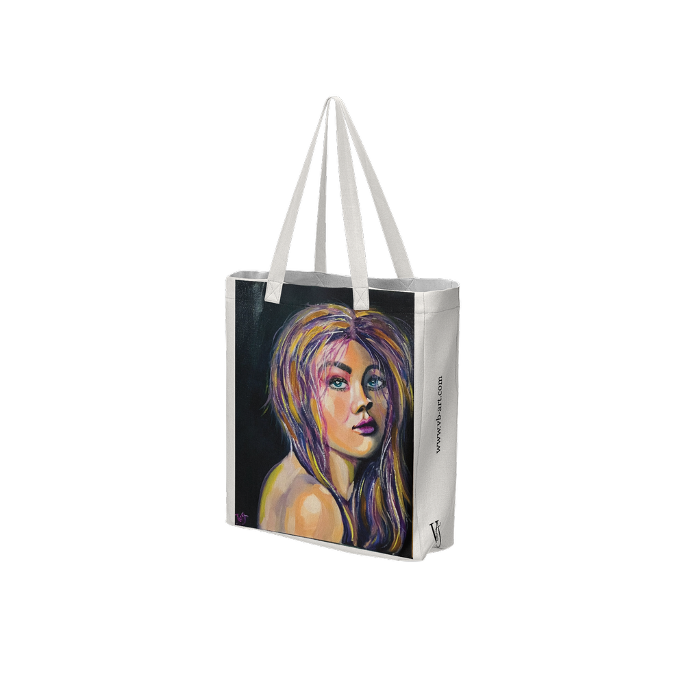 3/4 view of a contemporary off white art tote bag from an original artwork representing a woman with colorful hair. design by Virginie Bergar | VB-Arts