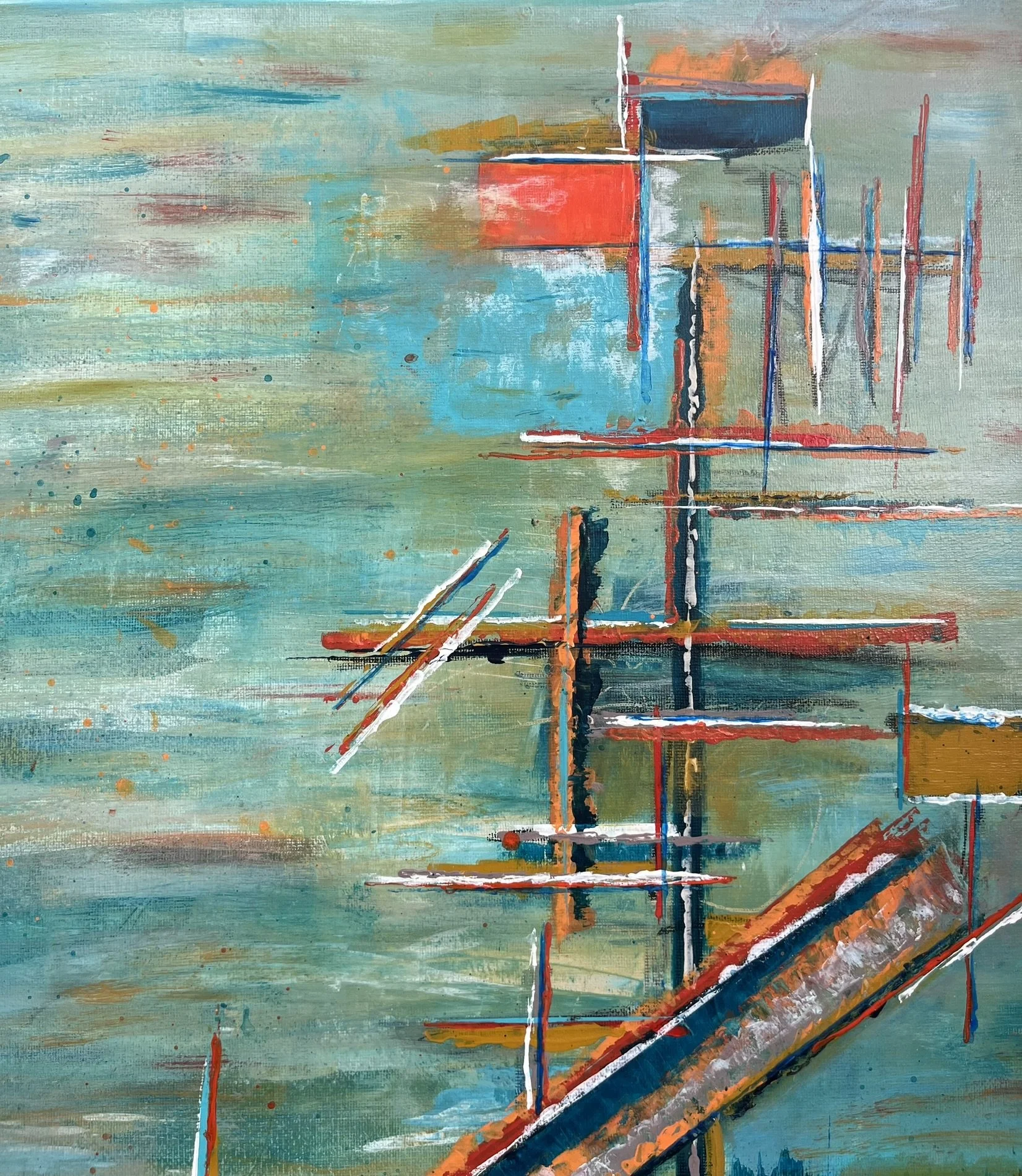 Close-up of the textured turquoise surface and intersecting structural lines in Harbour Industry, original acrylic artwork by Virginie Bergar.