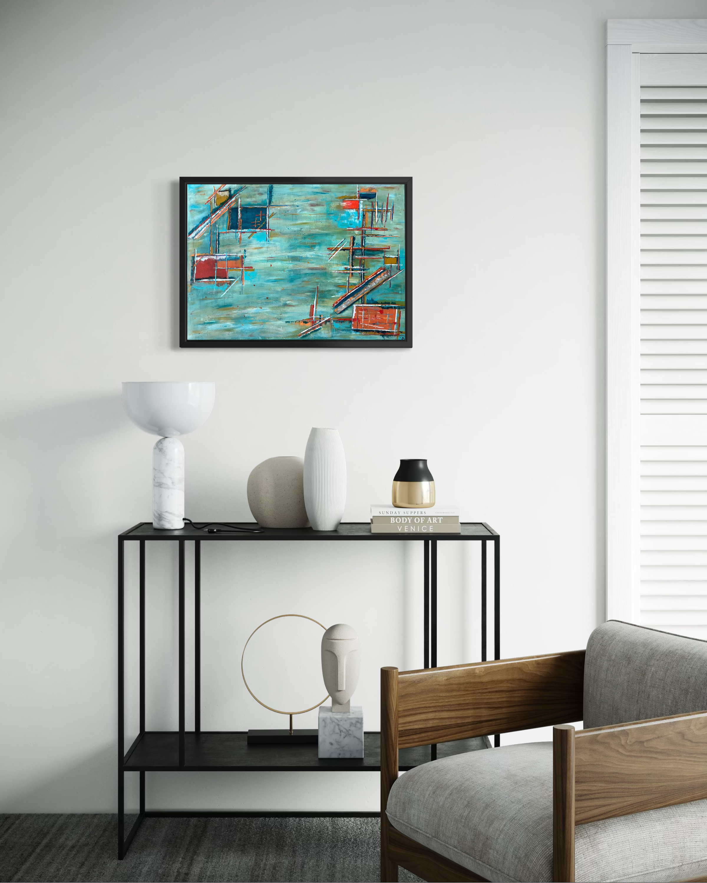 Harbour Industry displayed above a minimalist console in a modern lounge, showing how the turquoise and rust painting complements a neutral interior.