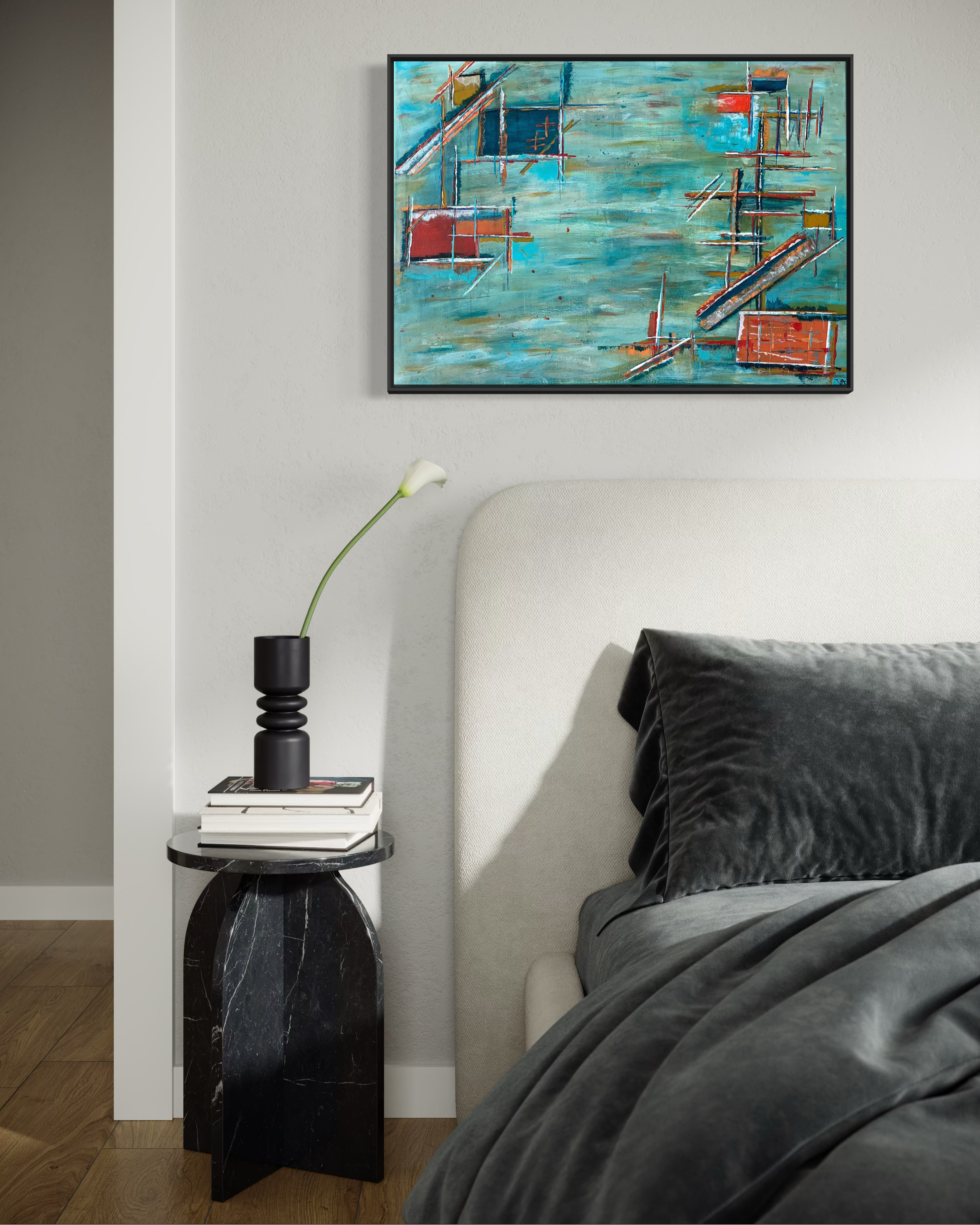 Harbour Industry displayed above a bed in a contemporary bedroom, showing the original abstract painting in a calm interior setting.