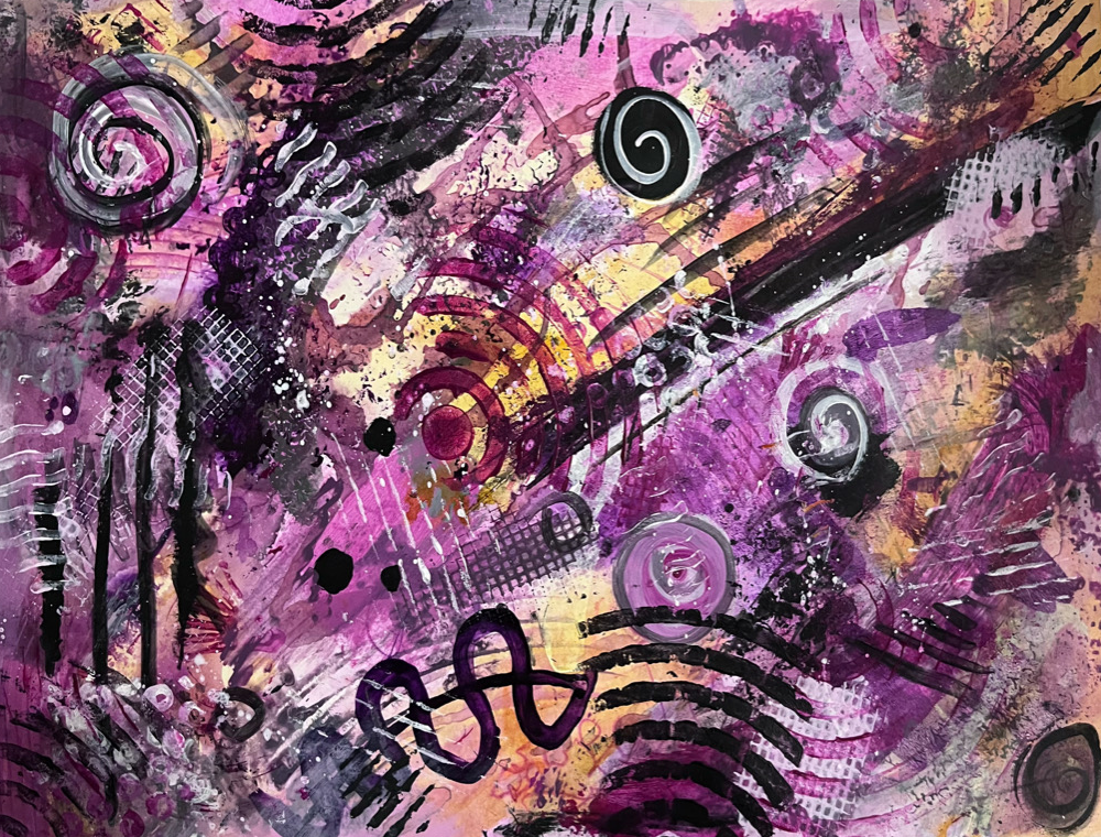 "AMETHYST BURST"  belongs to the early language of Matter in Motion, where intuition takes precedence over control.
The surface seems saturated with information, yet flashes of light continue to emerge through the density.
The work explores a tension