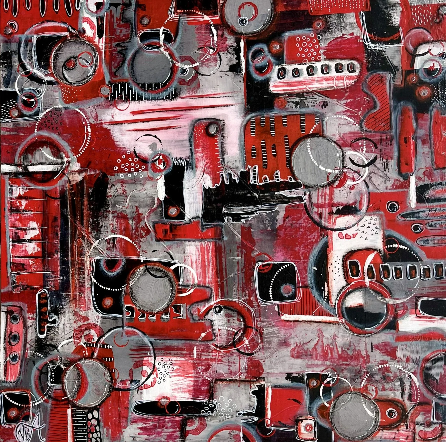 "DEEP RED, SILENT RED" holds its energy under pressure.
Red dominates the surface — visceral, insistent, almost organic — while black creates areas of interruption and depth. Circles, fragments, lines and repeated marks accumulate across the composit
