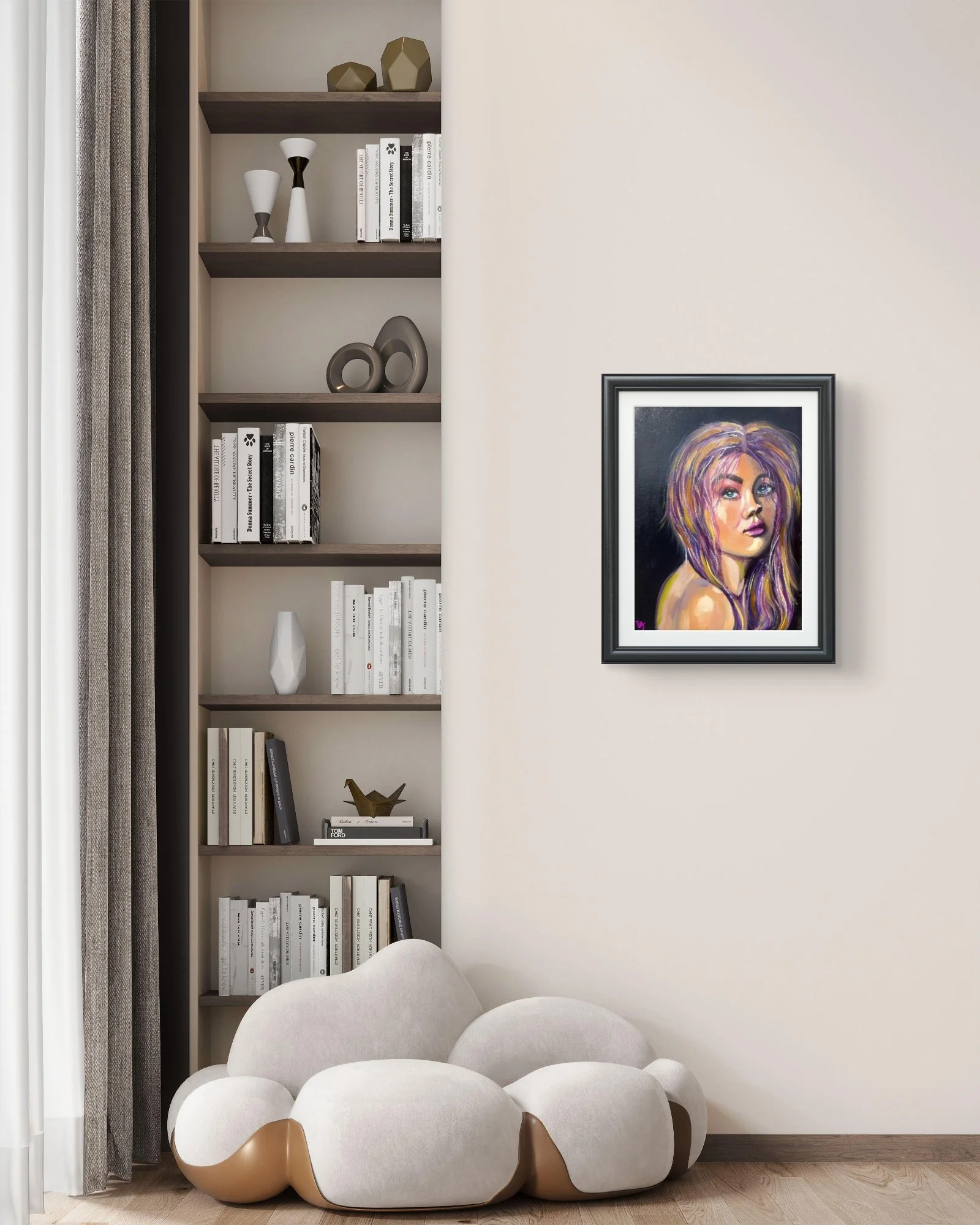 Framed If Only I Didn’t Care displayed in a contemporary living room beside a built-in bookshelf.
