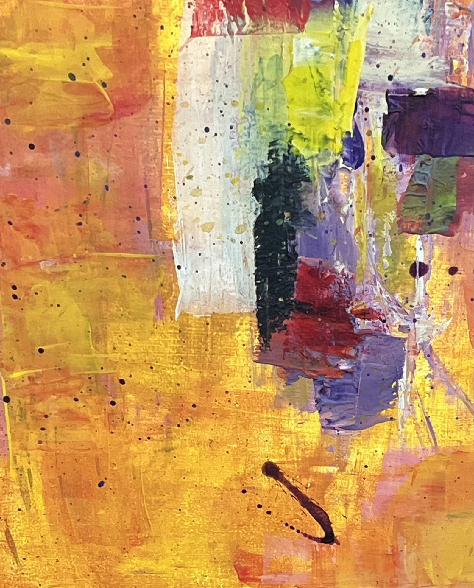 Close-up of textured paint, fragmented colour blocks and expressive marks in Incandescent Metamorphosis by Virginie Bergar.