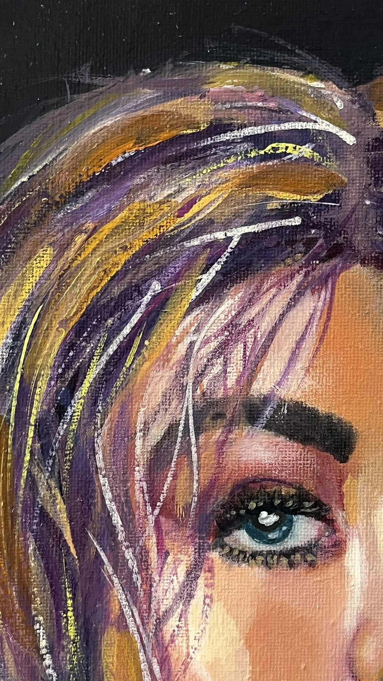Close-up of purple, gold and ochre brushstrokes creating the textured hair in If Only I Didn’t Care.