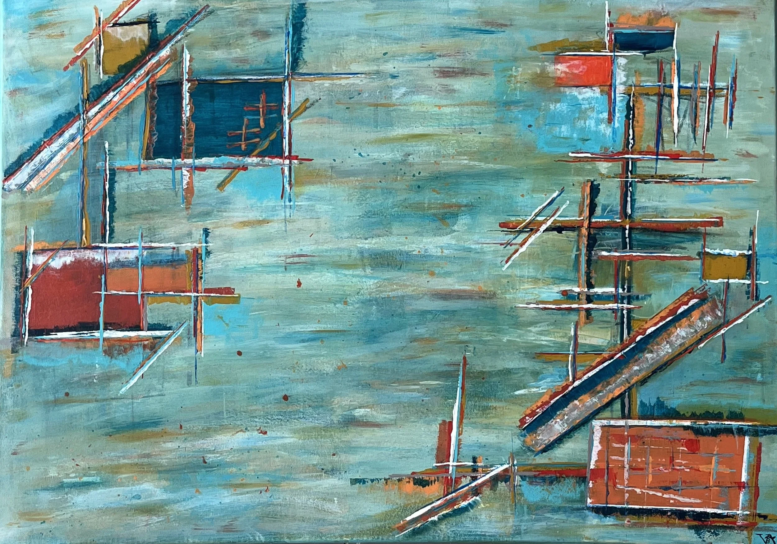 abstract painting depicting the harbour industry with the noise and the busyness of engines, containers and boats, represented with ligns and geametric shapes in blue, green orange and blue.