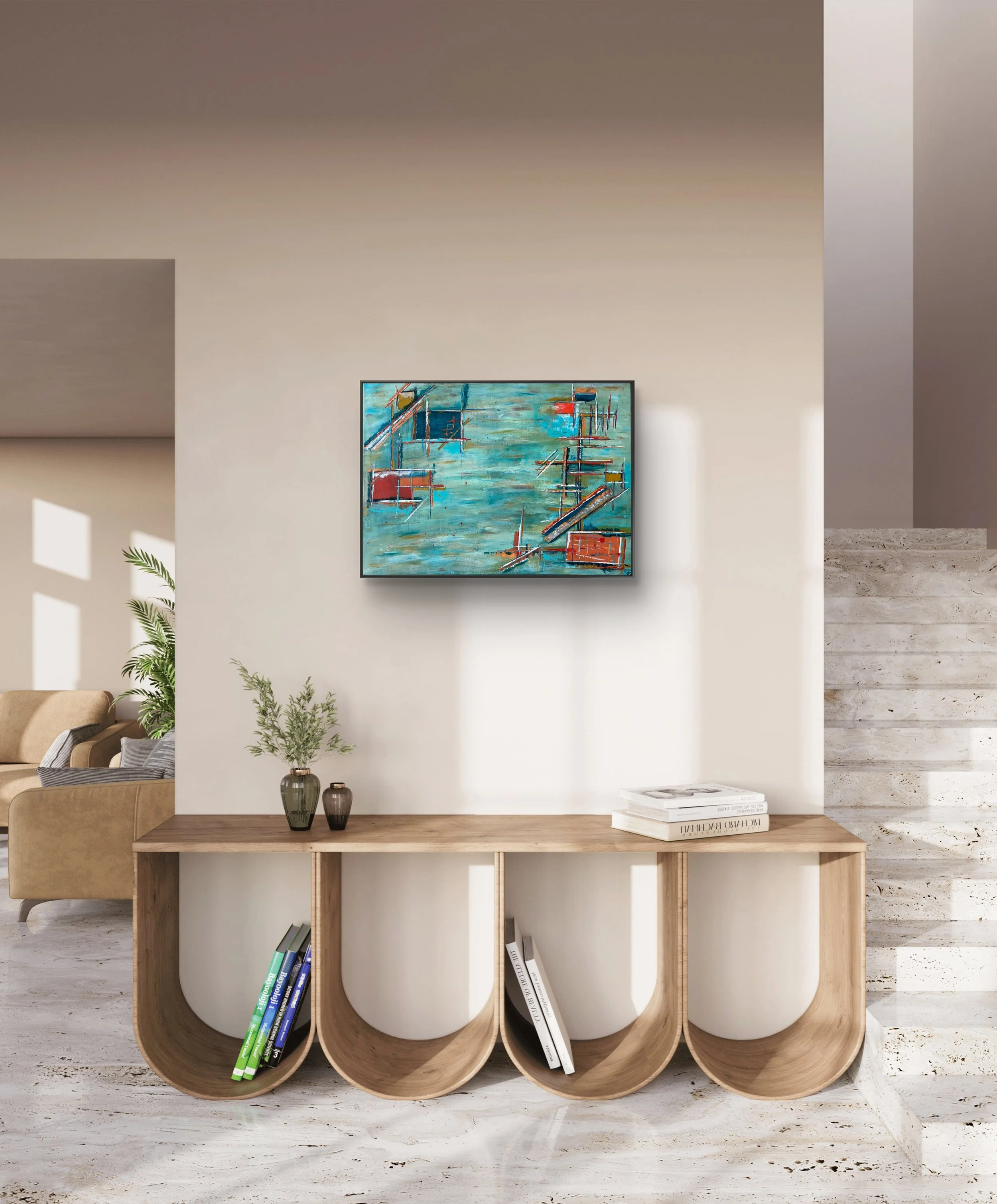 Harbour Industry displayed above a wooden console in a bright contemporary interior, showing the abstract painting within a warm neutral space.