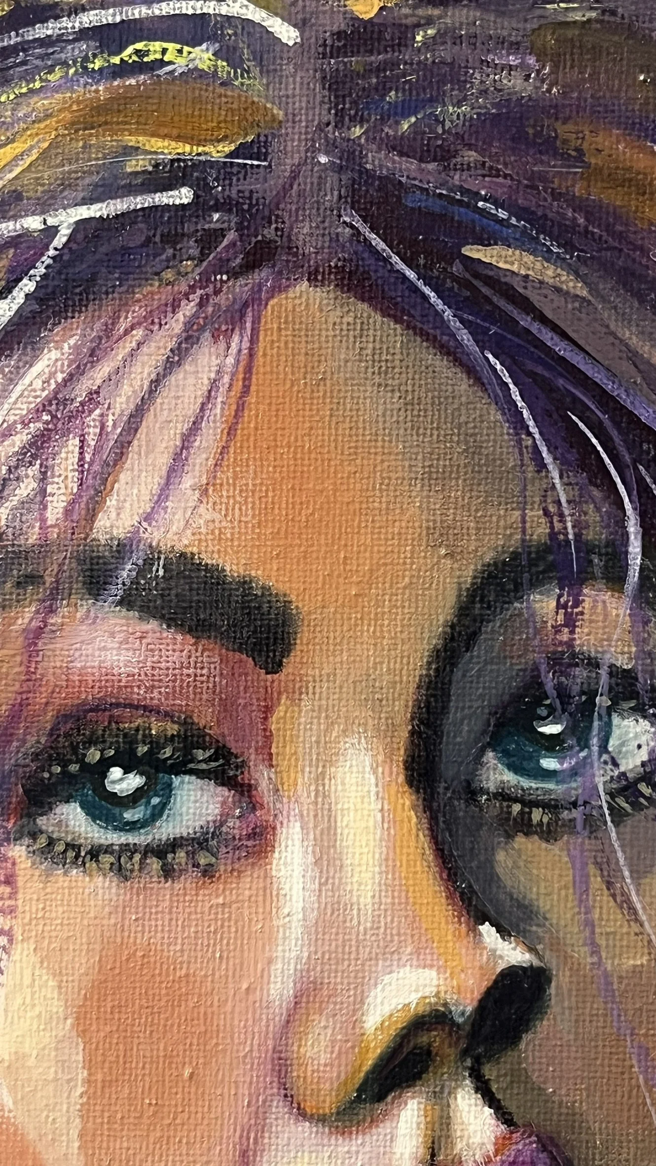 Close-up of the eyes and layered colour in If Only I Didn’t Care, showing expressive brushwork and texture in the original portrait.