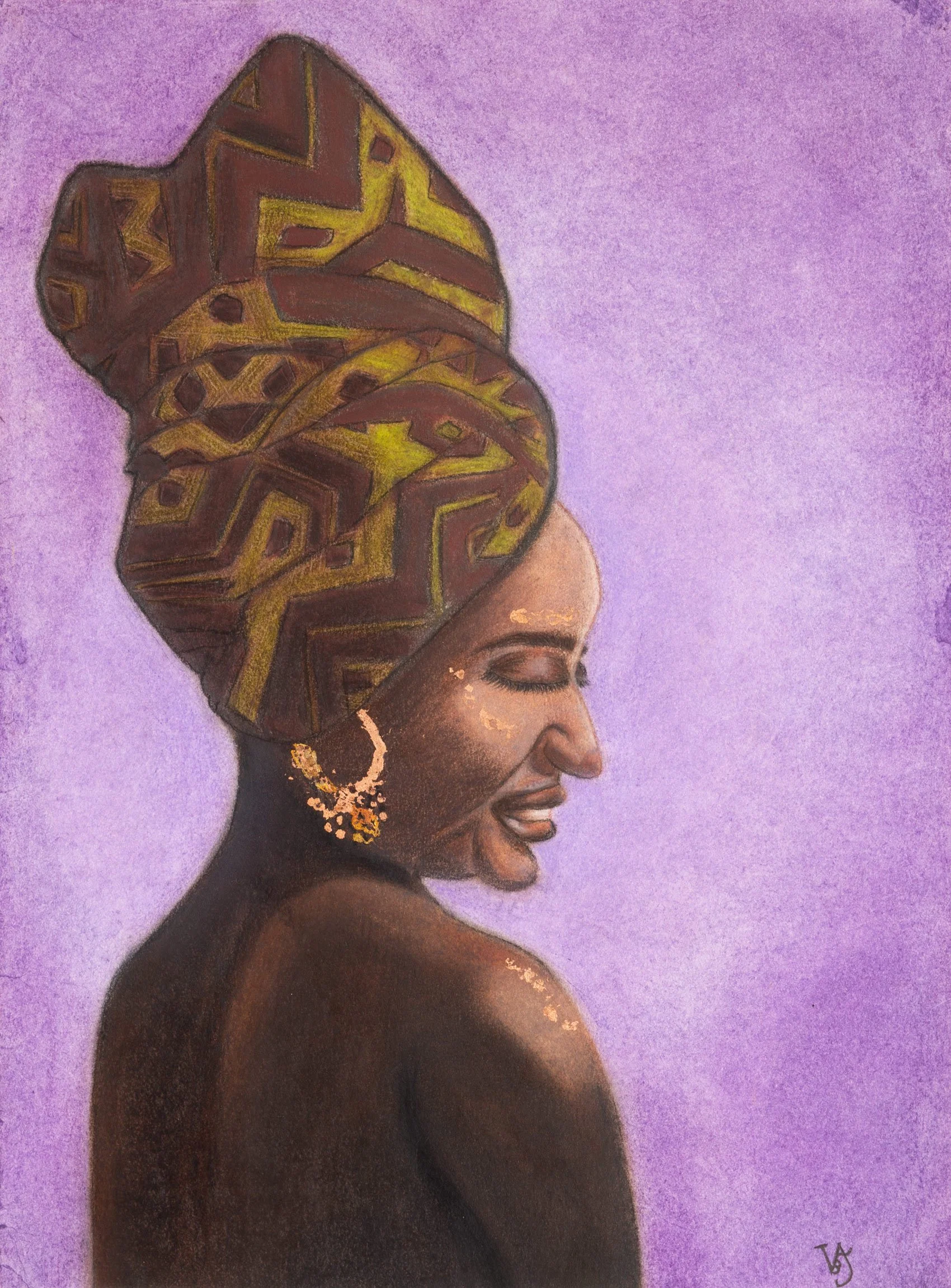 Woman of Ivory and Ebony by Virginie Bergar — contemporary female portrait with patterned headwrap, violet background and golden details