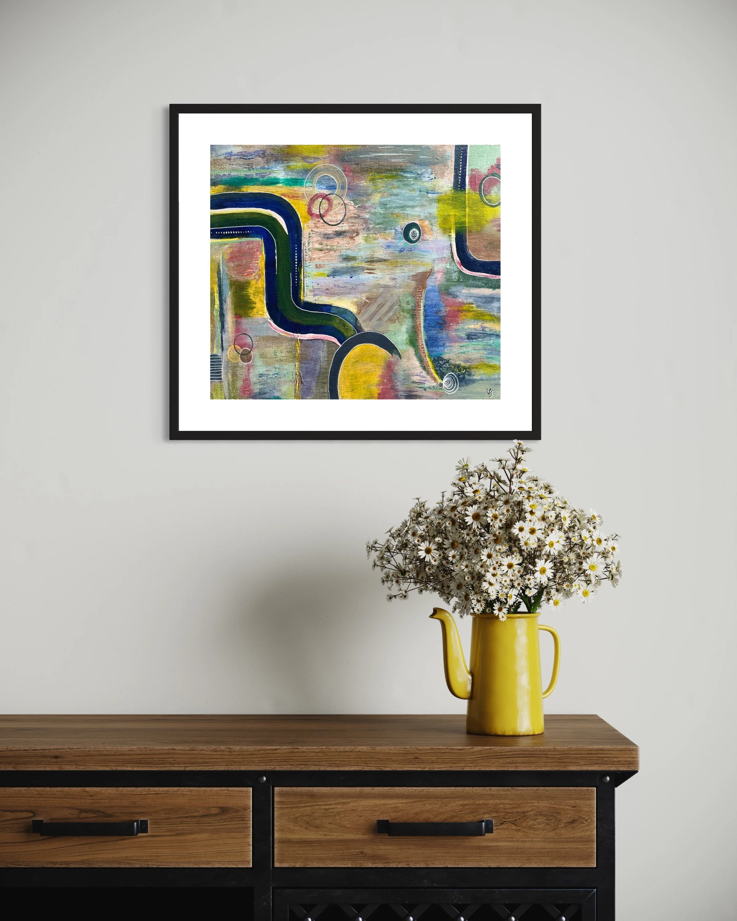 The Soul in Colour displayed above a dark wood console with natural decorative elements, original abstract painting by Virginie Bergar.