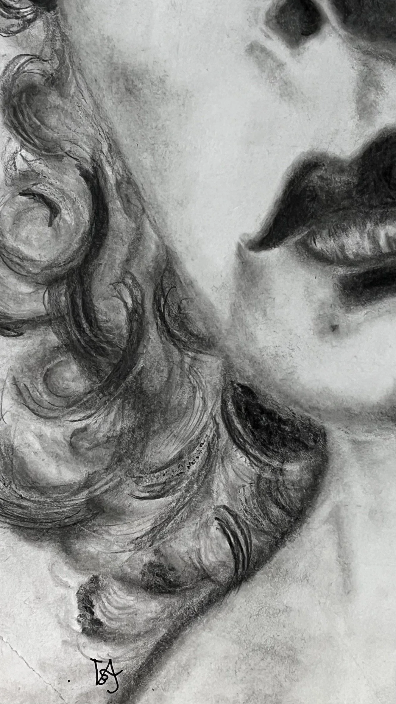 Detail of Where Time Falls Quiet showing graphite shading, curled hair and facial features in an original portrait by Virginie Bergar.