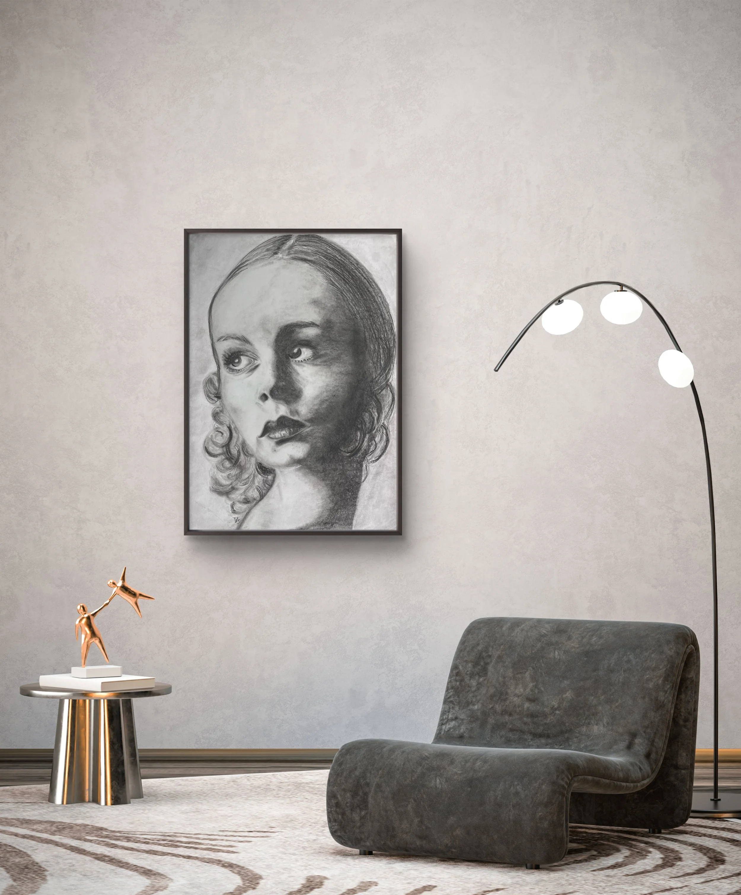 Where Time Falls Quiet displayed in a refined modern lounge with neutral tones, original artwork by Virginie Bergar.