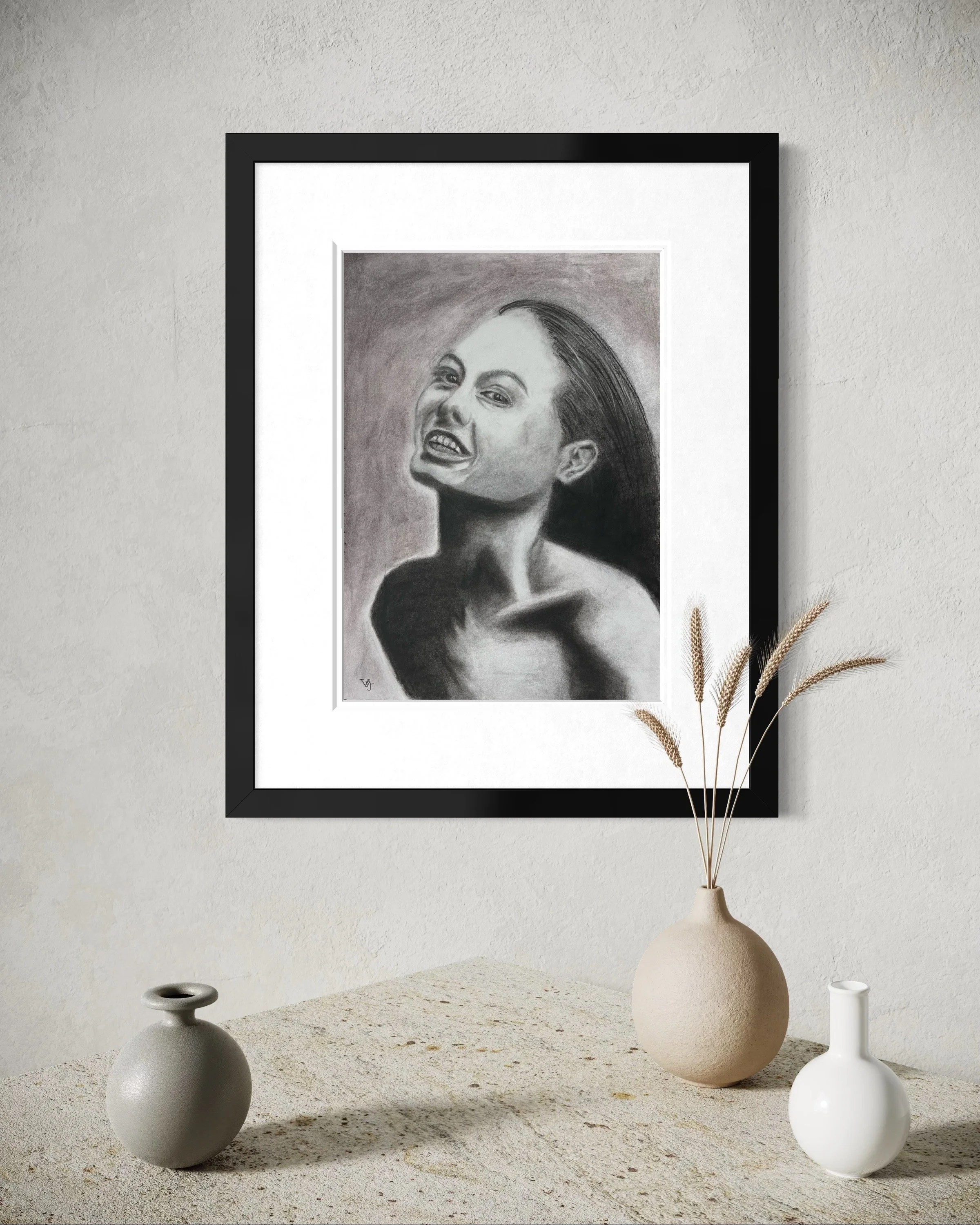 She Laughs Anyway framed in a soft neutral interior with ceramic vessels and natural textures.