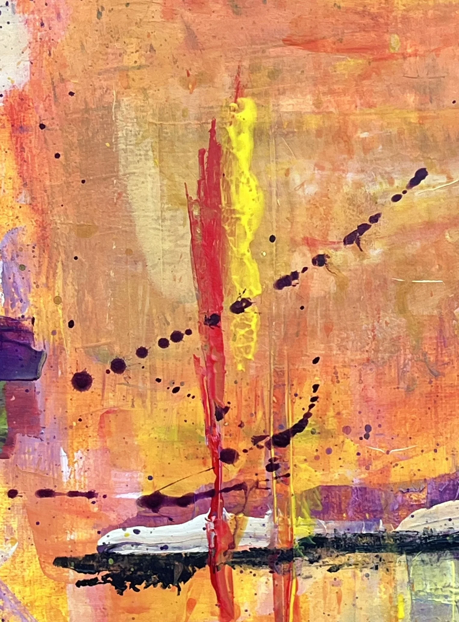 Close-up of crossing lines, splattered paint and layered orange and yellow colour in Incandescent Metamorphosis by Virginie Bergar.