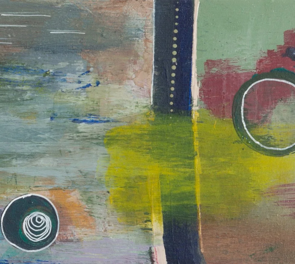 Close-up of transparent paint layers, graphic marks and circular forms in The Soul in Colour, original mixed media painting by Virginie Bergar.