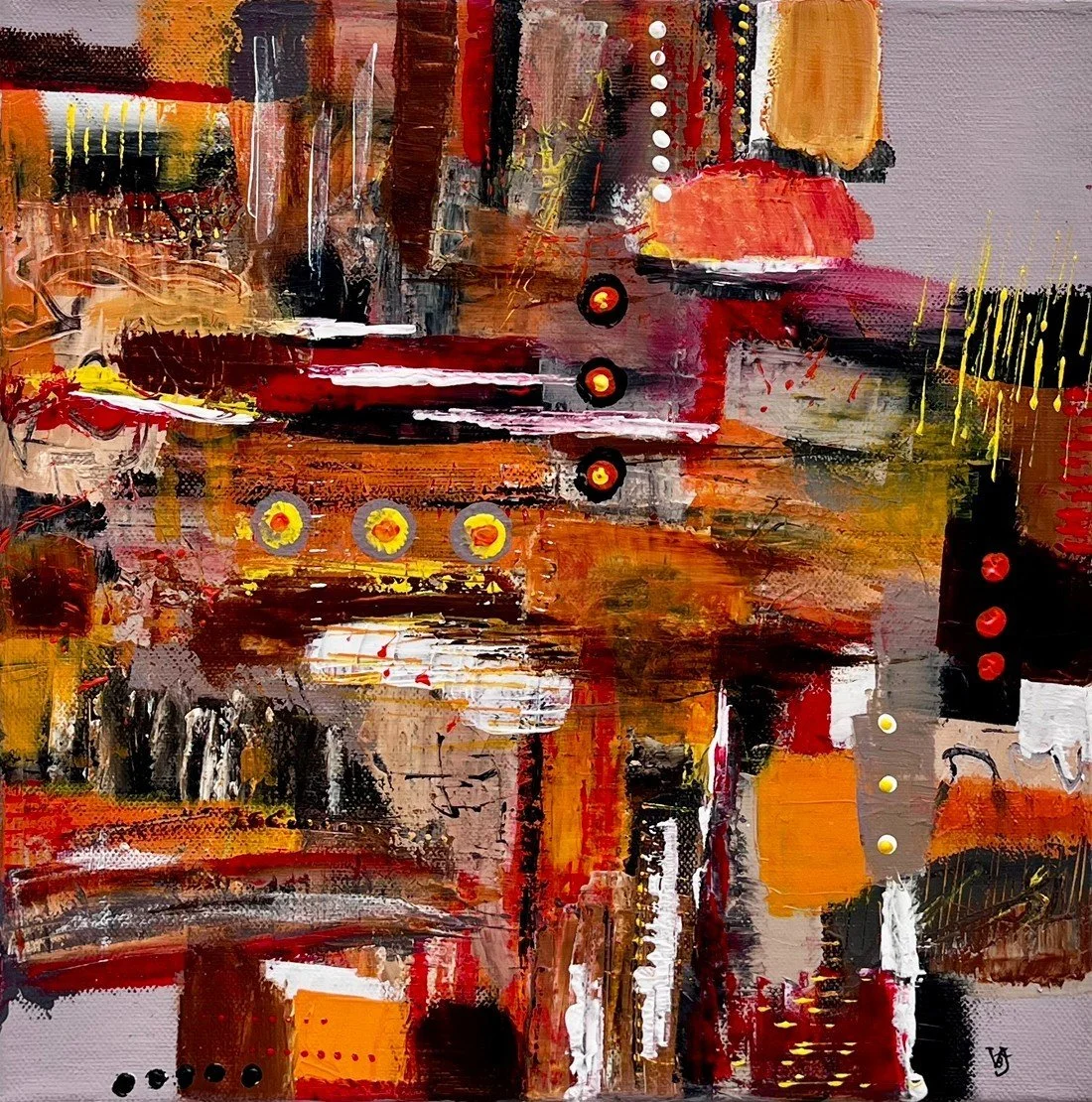 "RHYTHM OF EMBERS" is built around pulse.
Burnt oranges, deep reds, black and flashes of yellow move through dense layers of paint. Repeated dots, vertical marks and abrupt gestures punctuate the surface like beats, while raw areas of the support all