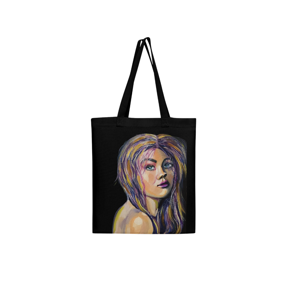 contemporary black art tote bag from an original artwork representing a woman with colorful hair. design bu Virginie Bergar | VB-Arts