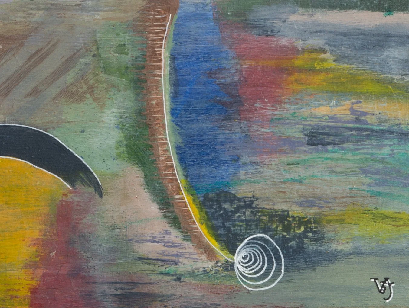 Close-up of layered colour, curved forms and the artist signature in The Soul in Colour, original abstract artwork by Virginie Bergar.