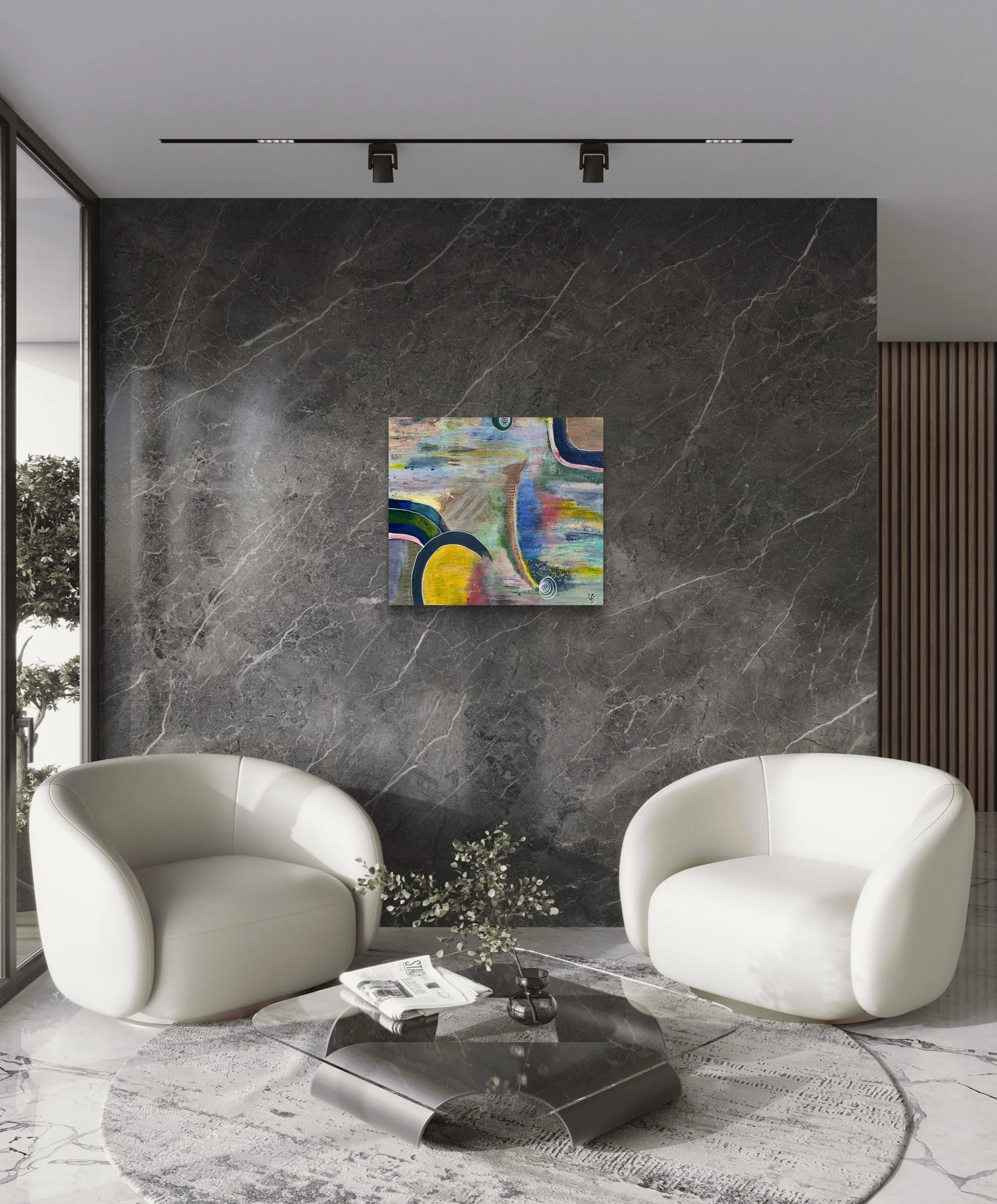 The Soul in Colour displayed against a dark stone wall in a refined contemporary living room, original abstract artwork by Virginie Bergar.