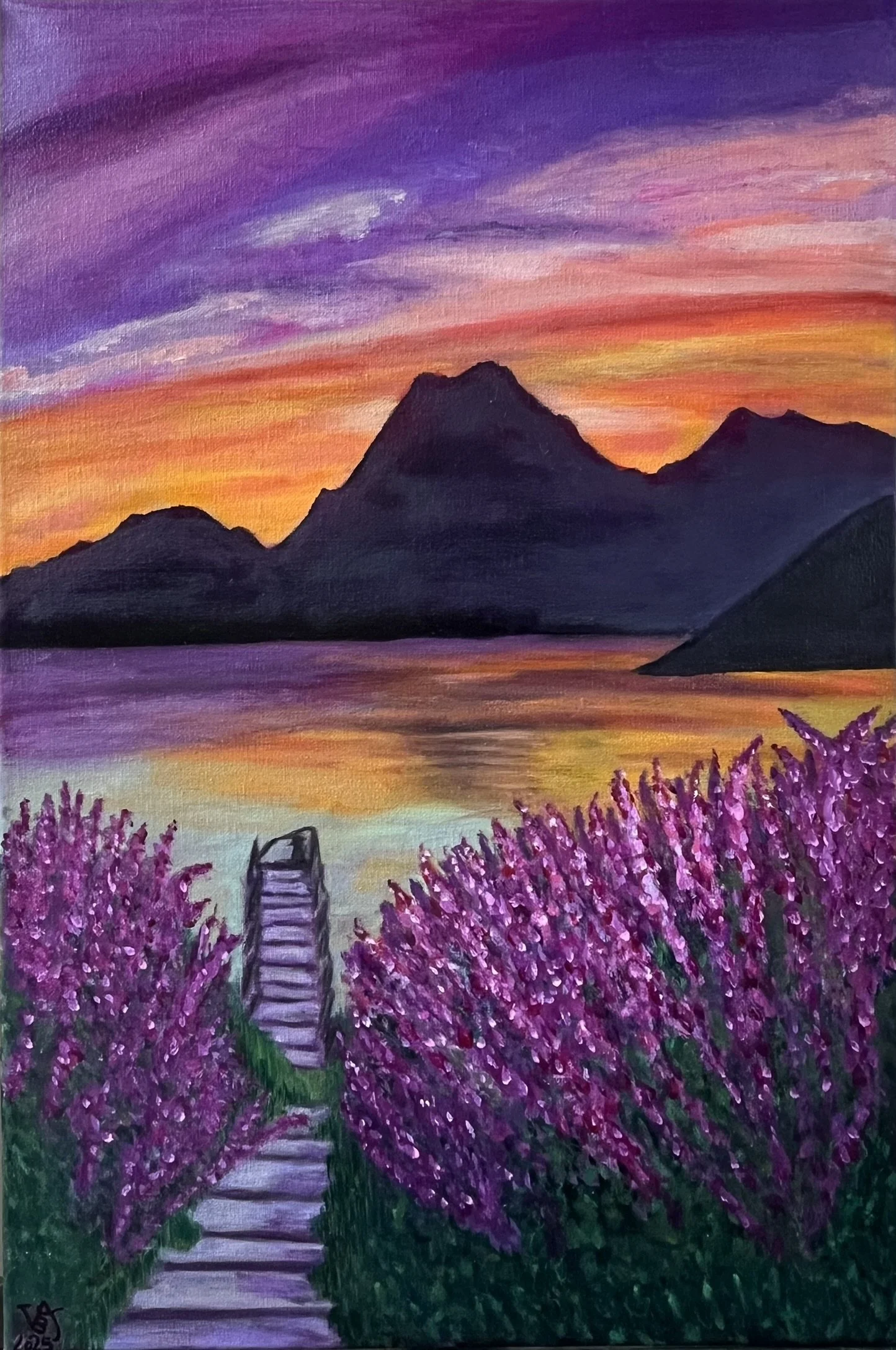 3WHERE TWILIGHT LINGERS" explores the threshold between day and night — that fleeting moment when light seems unwilling to disappear.
A narrow path moves through dense fields of violet flowers towards still water and distant mountains. Above them, th