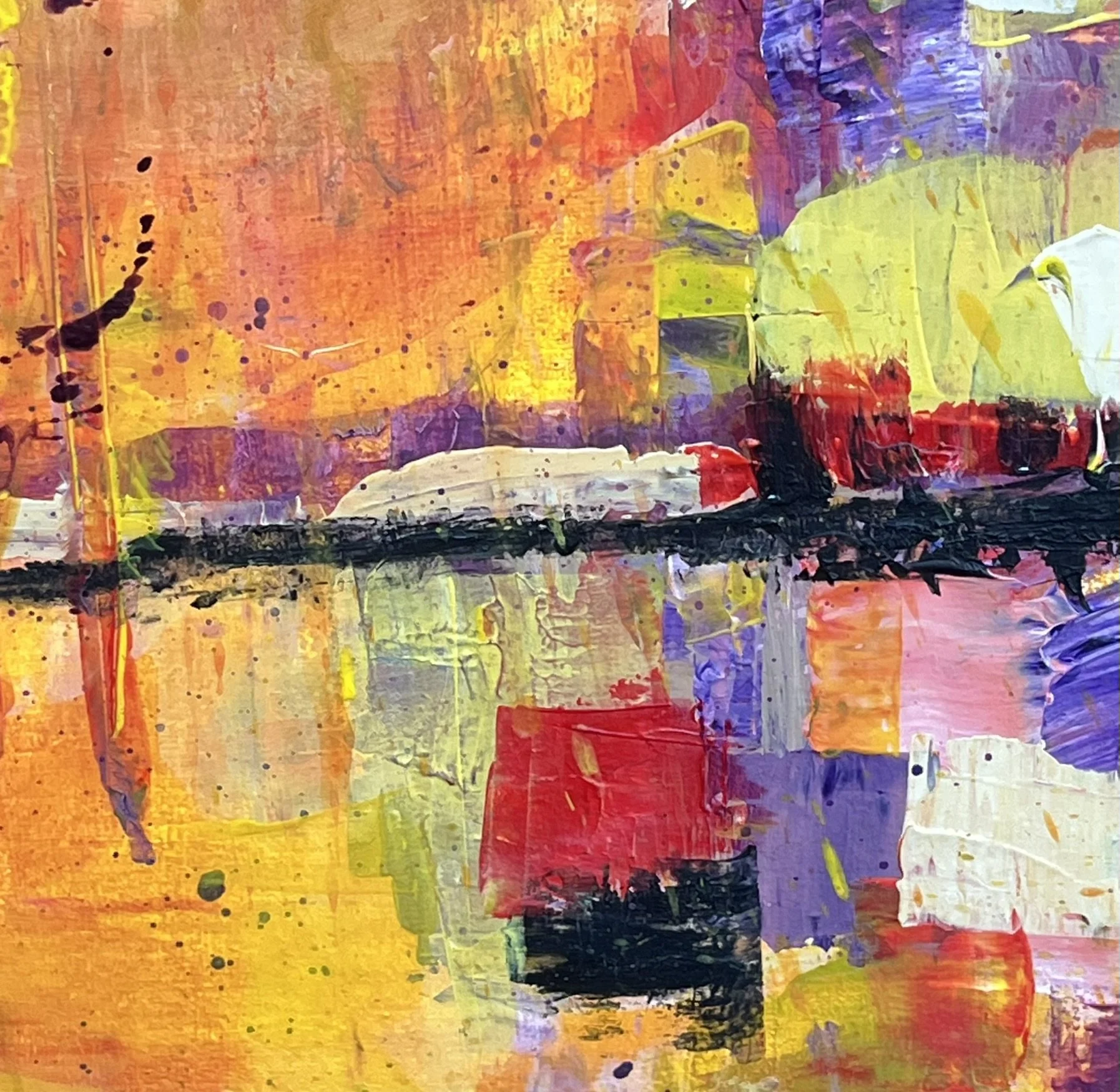 Incandescent Metamorphosis displayed in a warm terracotta interior, showing the colourful abstract painting in a refined contemporary setting.
