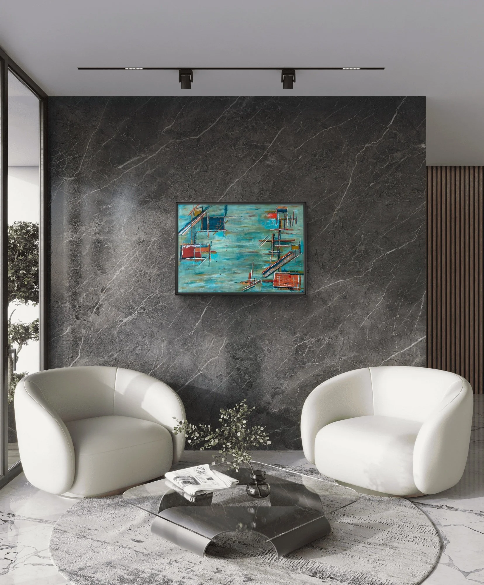 Harbour Industry displayed against a dark stone wall in a refined contemporary living room, original abstract artwork by Virginie Bergar.
