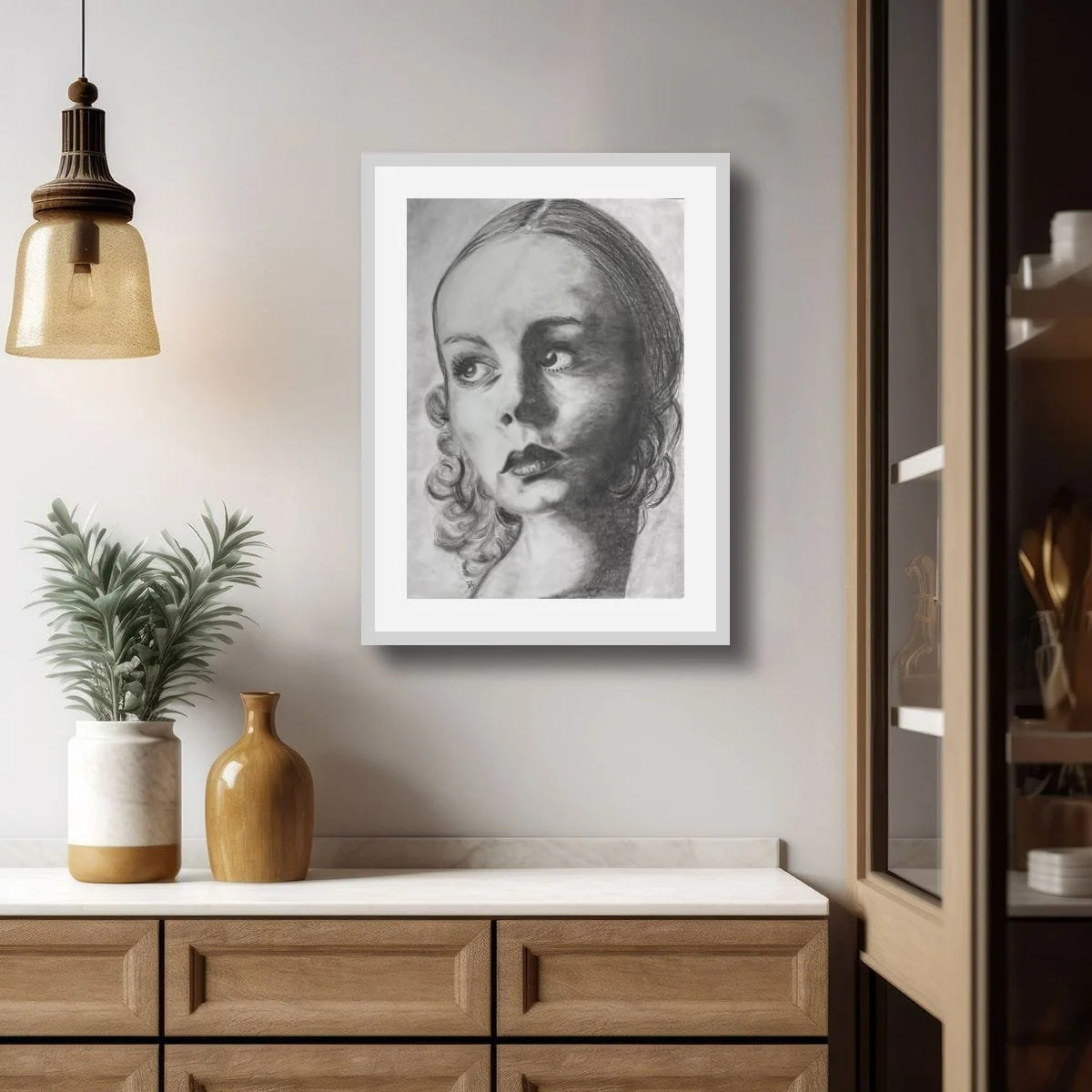 Where Time Falls Quiet displayed above a wooden console in a warm contemporary interior, original portrait artwork by Virginie Bergar.