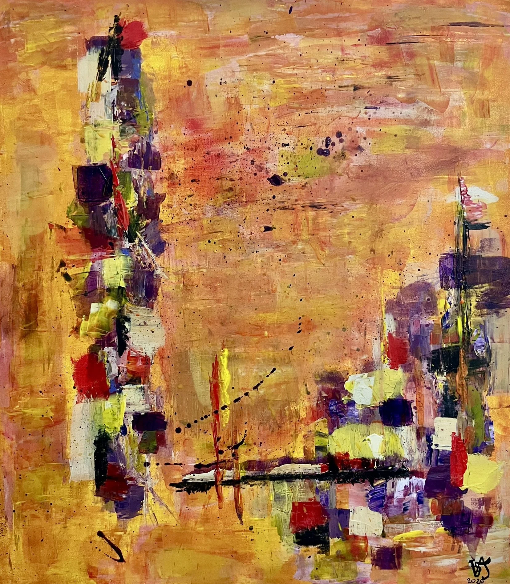 Incandescent Metamorphosis
Transformation begins where control gives way.
Incandescent Metamorphosis explores a moment of change at its most intense. Colour, texture and gesture collide, creating a surface that seems caught between emergence and disa