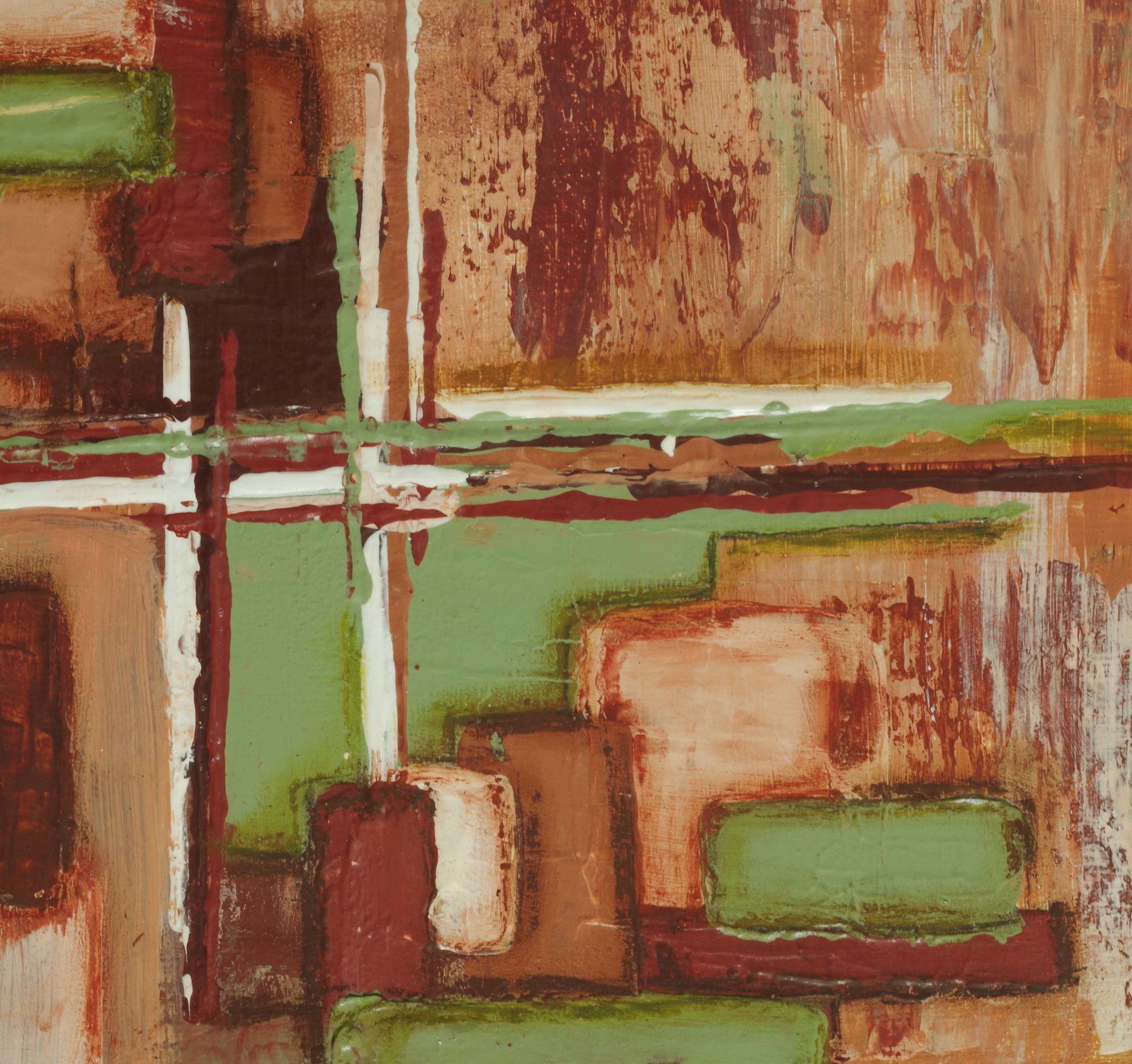 "THE METAMORPHOSIS OF CHAOS" explores the moment when disorder begins to find its own structure.
Earthy reds, browns and muted greens spread across a surface marked by scraping, layering and interruption. Geometric forms gather at the edges while ver