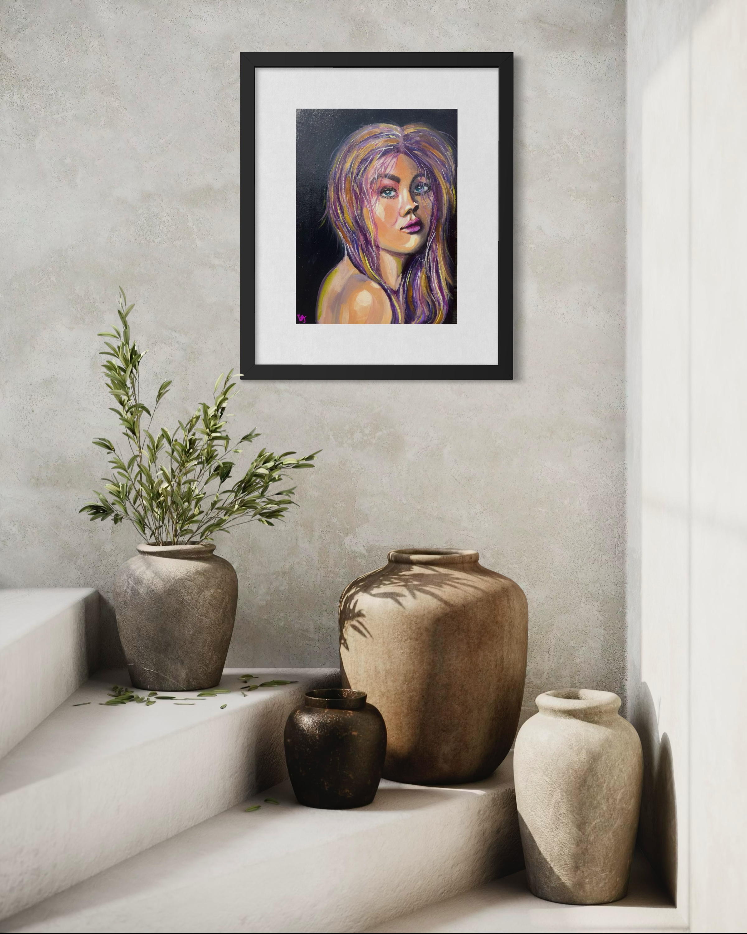 Framed presentation of If Only I Didn’t Care in a serene neutral interior with sculptural ceramic vessels.
