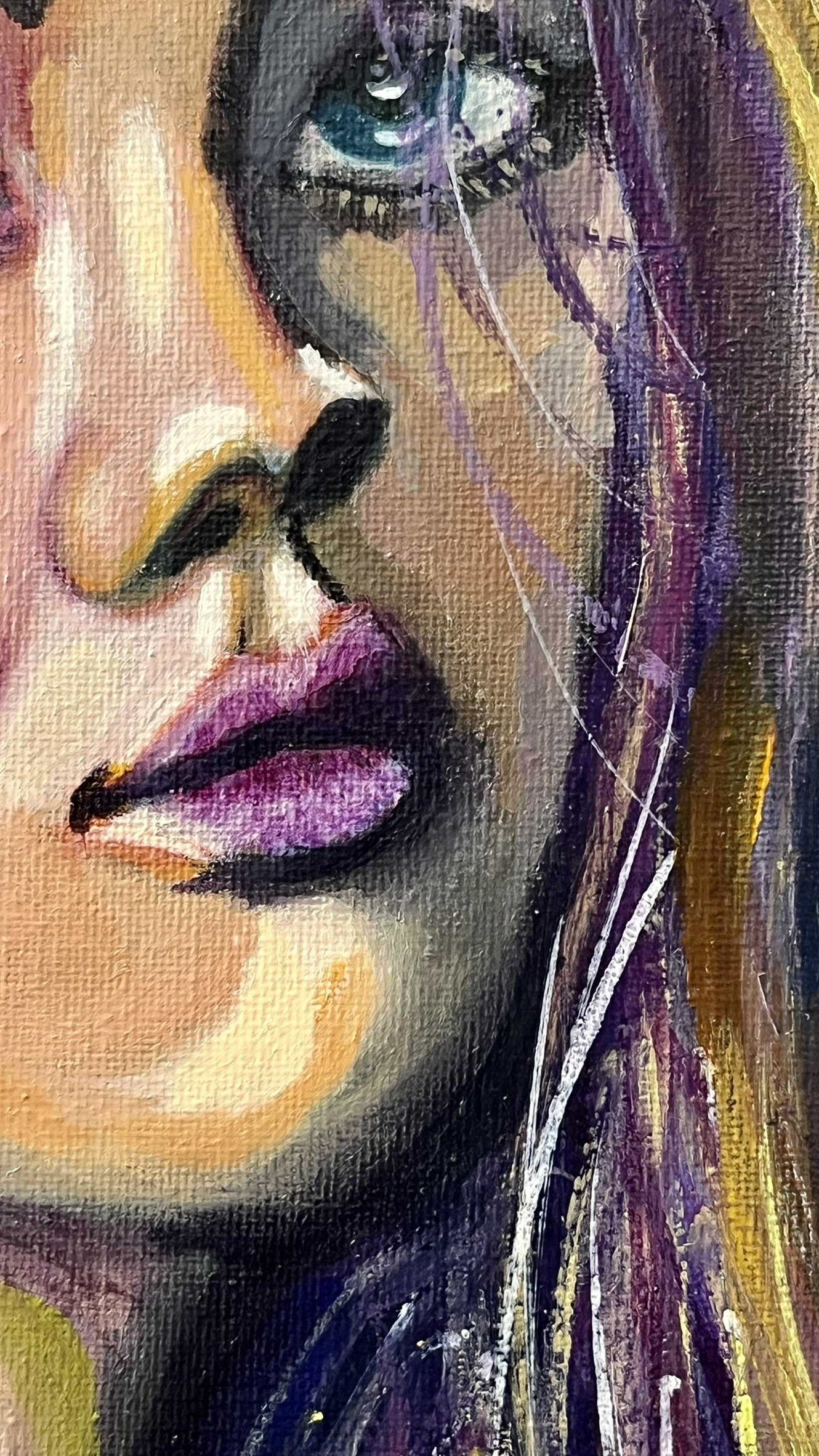 Close-up of the face and violet lips showing colour layering and expressive oil brushwork in If Only I Didn’t Care.