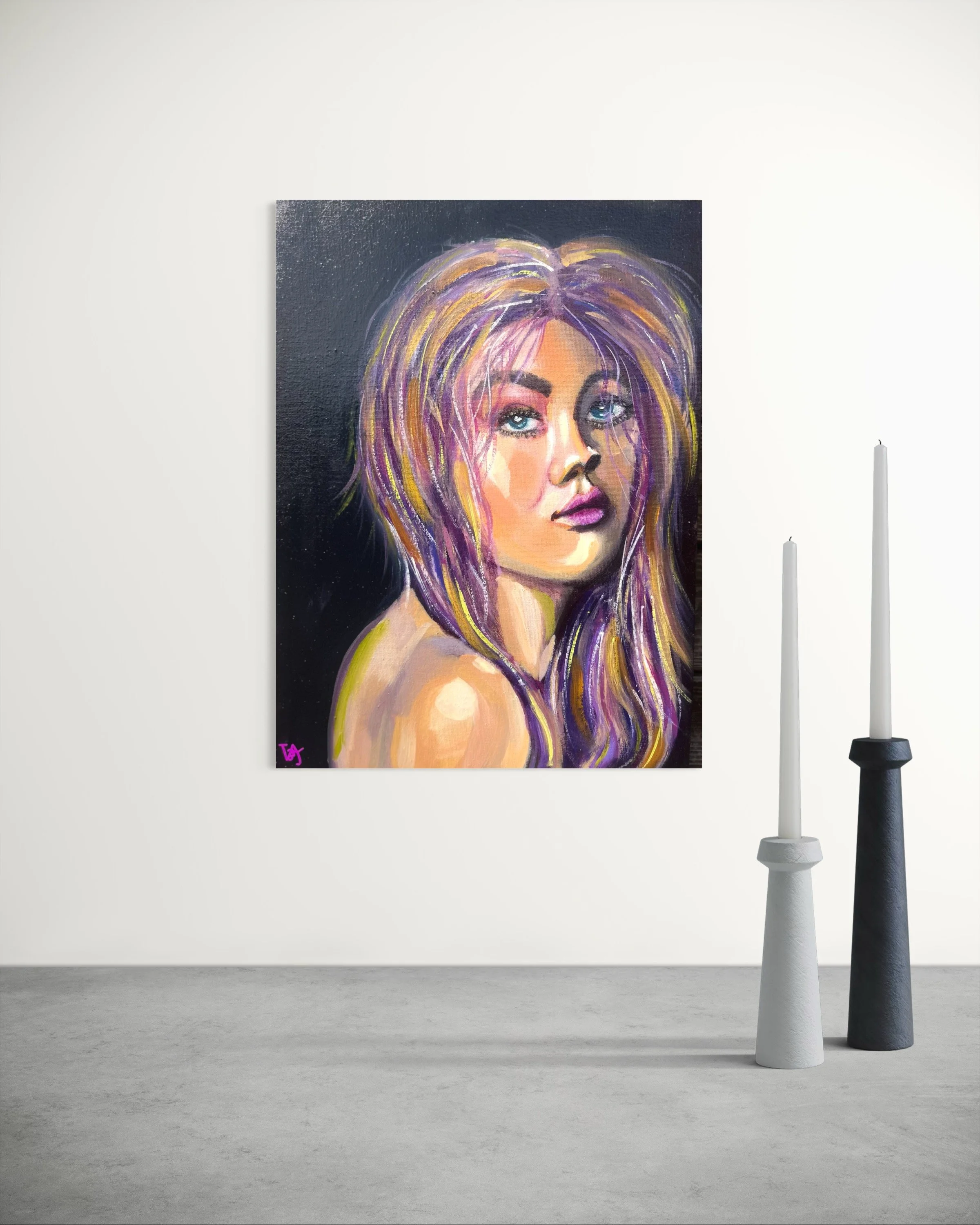 If Only I Didn’t Care displayed in a minimalist interior, showing the scale and vibrant colours of the original portrait.