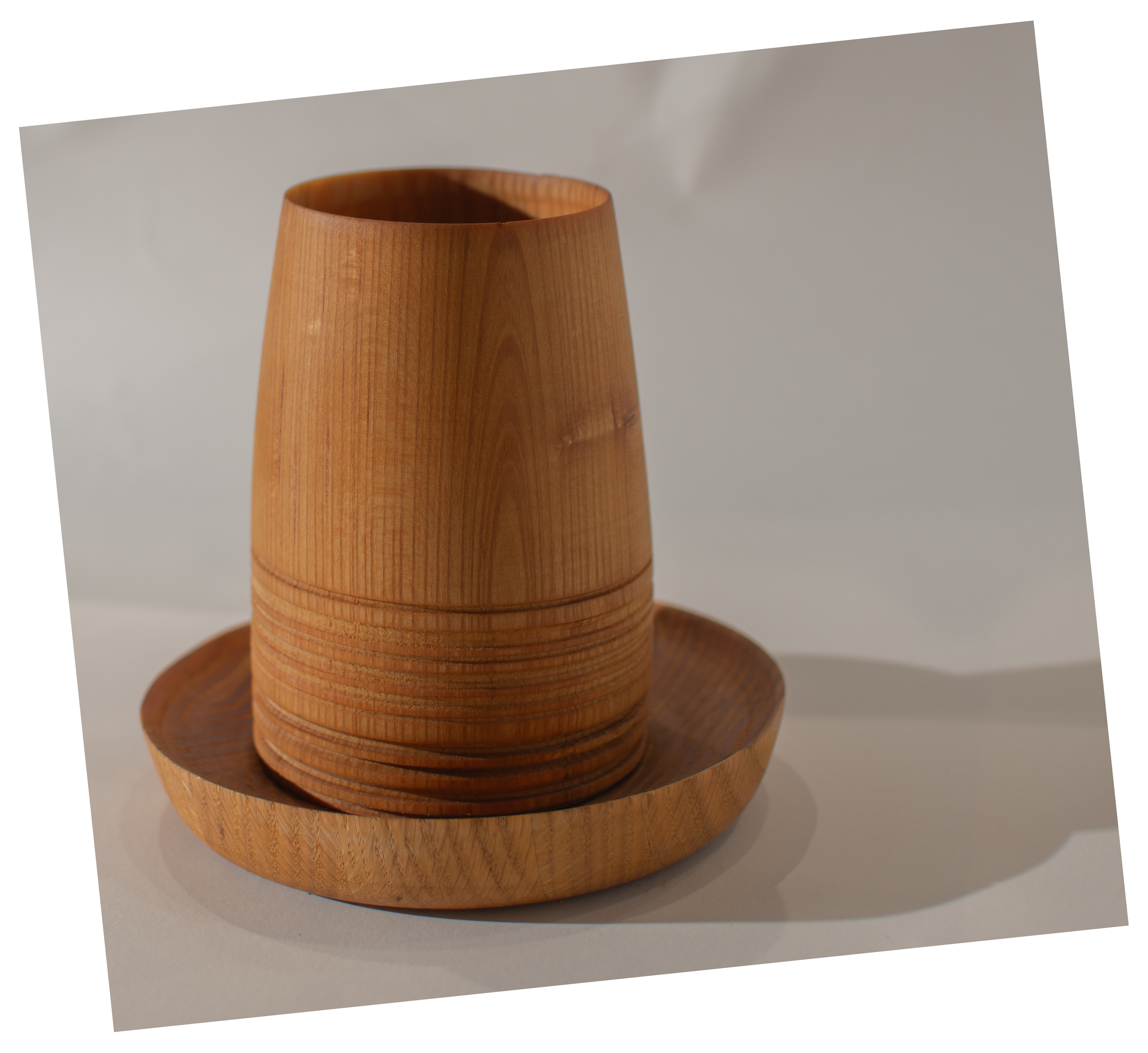 Cup was turned thin walled and tried adding     decoration to the bottom section. Dish was not turned to be a matching set. Boiled linseed and paste wax finish.