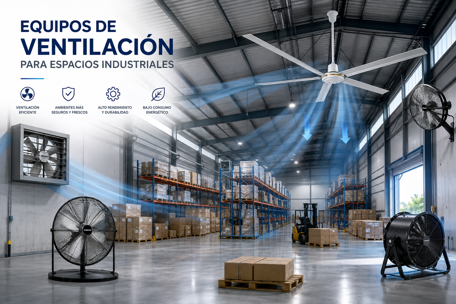 Interior de un almacén industrial con estanterías llenas de cajas, ventiladores en el suelo, en las paredes y en el techo, y un montacargas en uso. La imagen muestra equipos de ventilación y una arquitectura moderna que promueve ambientes de trabajo eficientes y seguros.