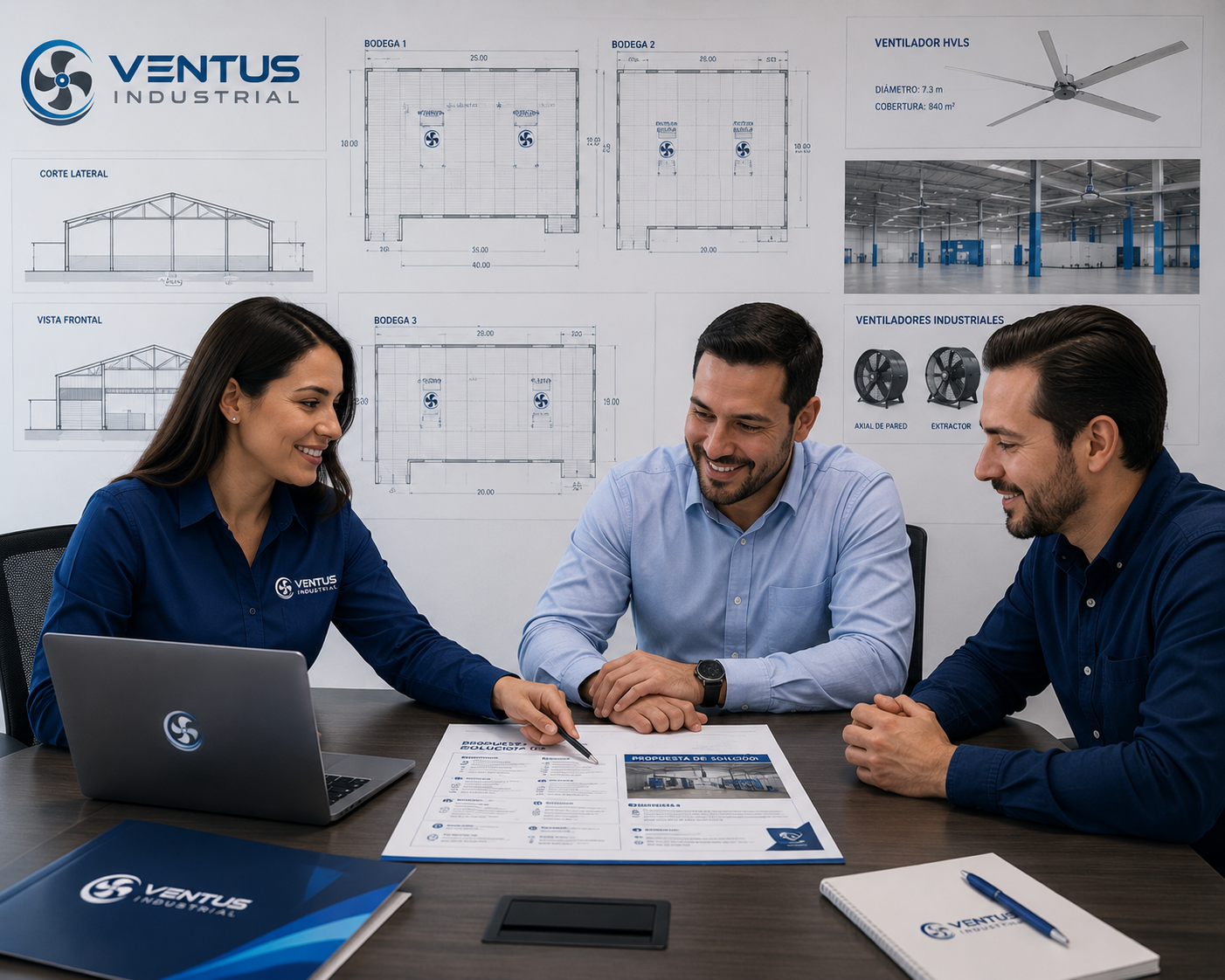 Tres personas en una reunión de plan de fábrica, con planos y gráficos en la pared, discutiendo y sonriendo.