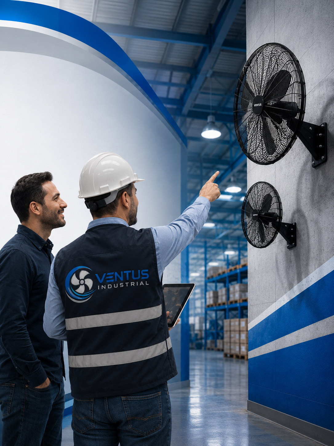 Dos hombres, uno con casco de seguridad, inspeccionando ventiladores industriales en una fábrica.