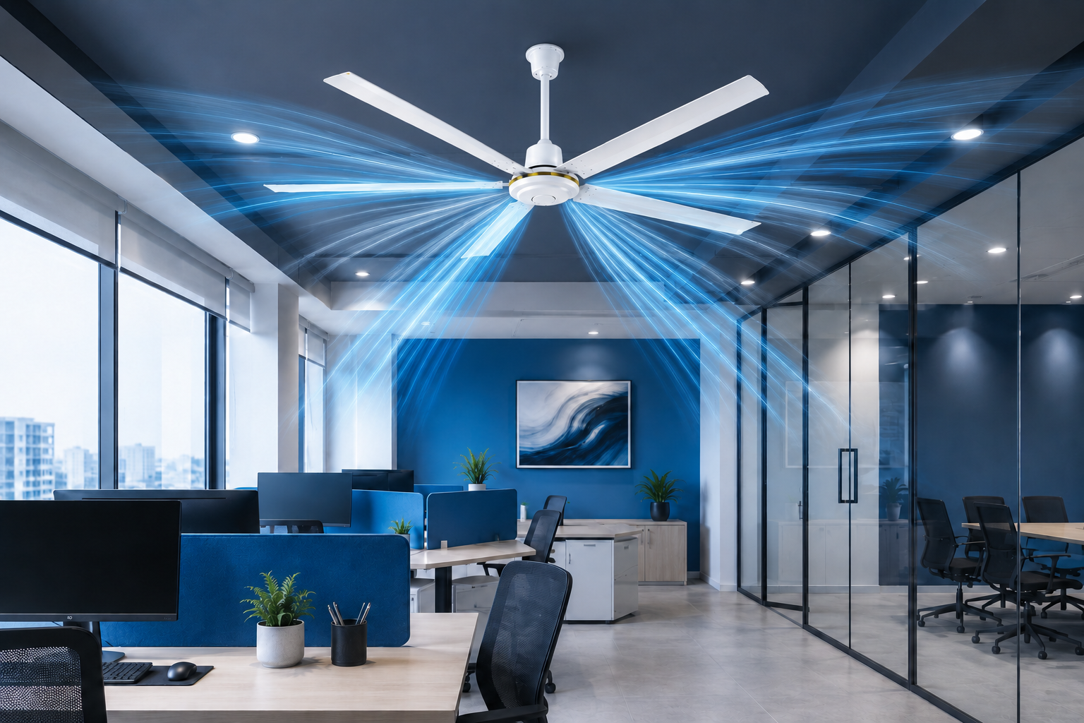 Oficina moderna con paredes azules, escritorios de madera con computadoras y plantas, y un ventilador de techo con efectos de luz azul digital.
