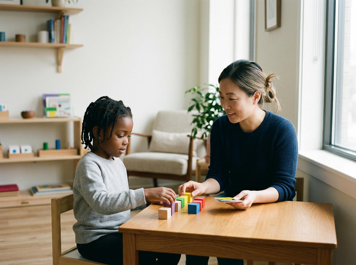 A woman and a child playing with colorful wooden blocks at a wooden table in a well-lit room with bookshelf and a window.