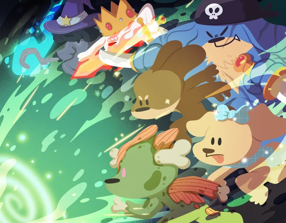 Cartoon image of six animals and a wizard, all with animations of casting spells or casting magic. The animals include a large dog, a bear, a mouse, a rabbit, and two other animals. They are surrounded by glowing green and blue magical energy, with some wearing hats or accessories.
