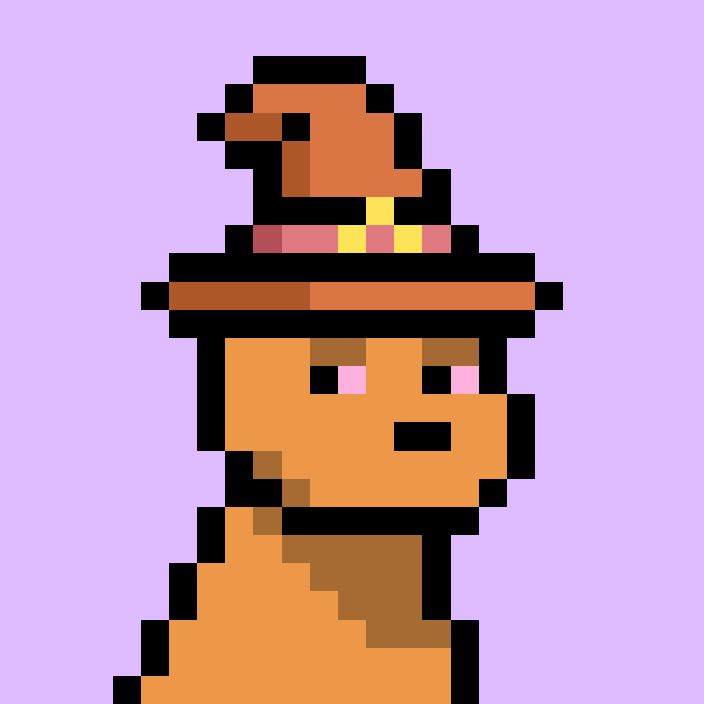 Pixel art portrait of a woman with light purple background, short brown hair, pink eyes, and wearing a wide-brimmed pink hat.