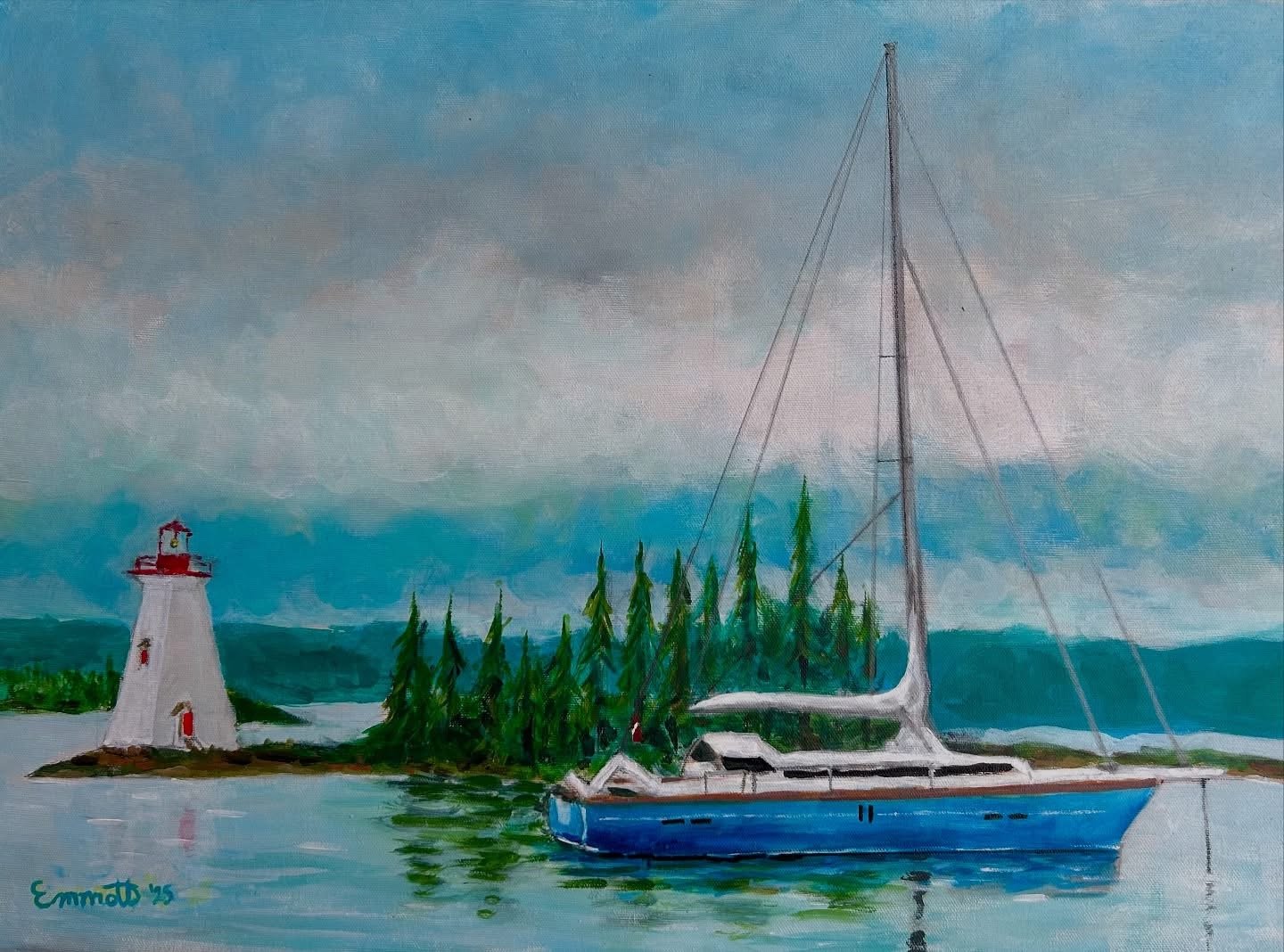 Sea Fog Baddeck Bay (2025): 22" X 18" Acrylic on Canvas, Framed