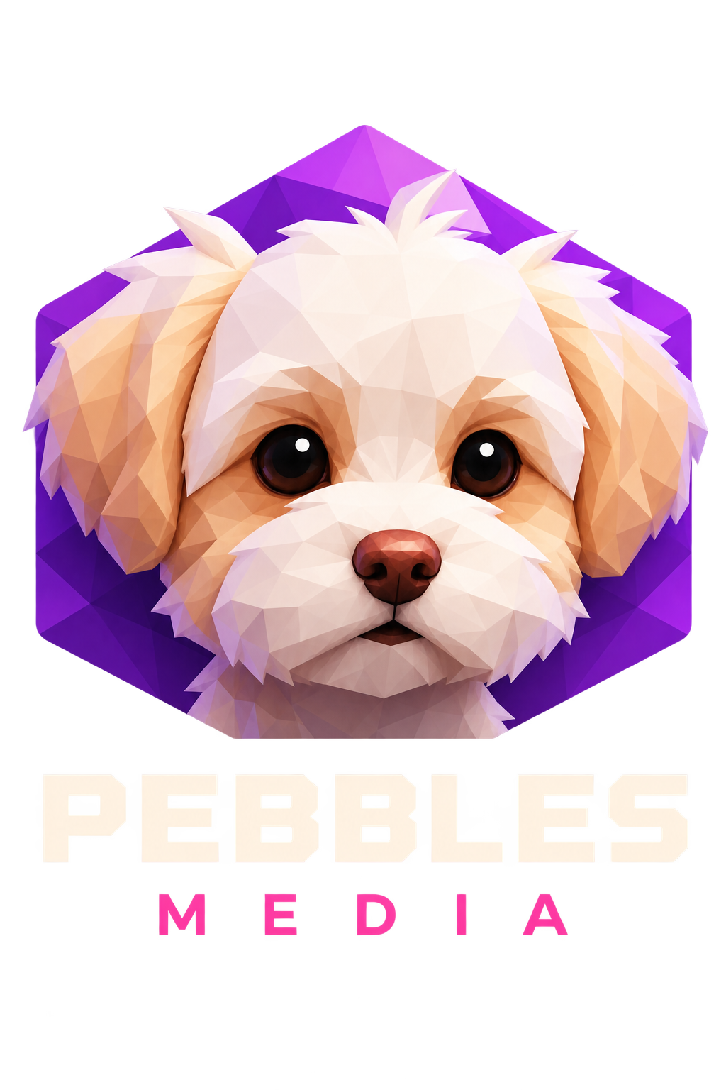 A low poly digital art illustration of a small, fluffy dog with light fur and big dark eyes. The dog is centered above the text 'PEBBLES MEDIA' with the word 'MEDIA' highlighted in pink, set against a black background with a purple geometric shape behind the dog.
