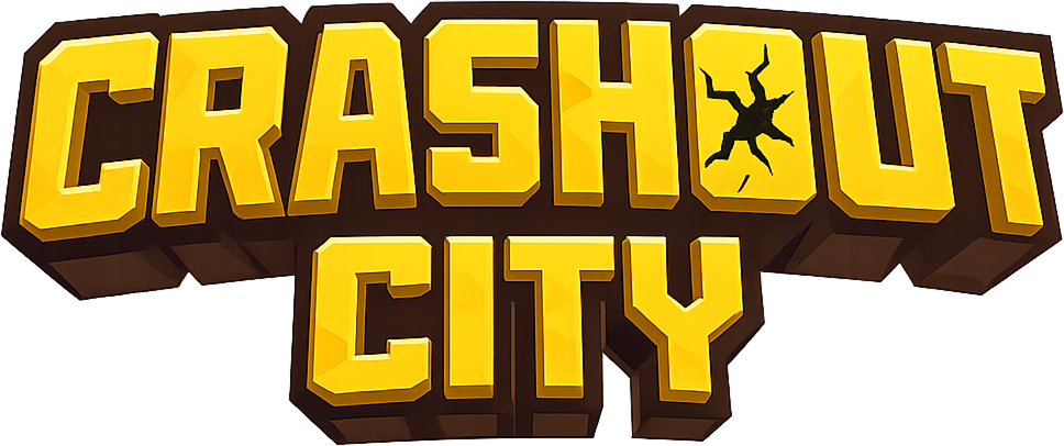 Logo for the video game Crashout City with bold yellow 3D text and a crackled silhouette of a character within the letter 'O'.