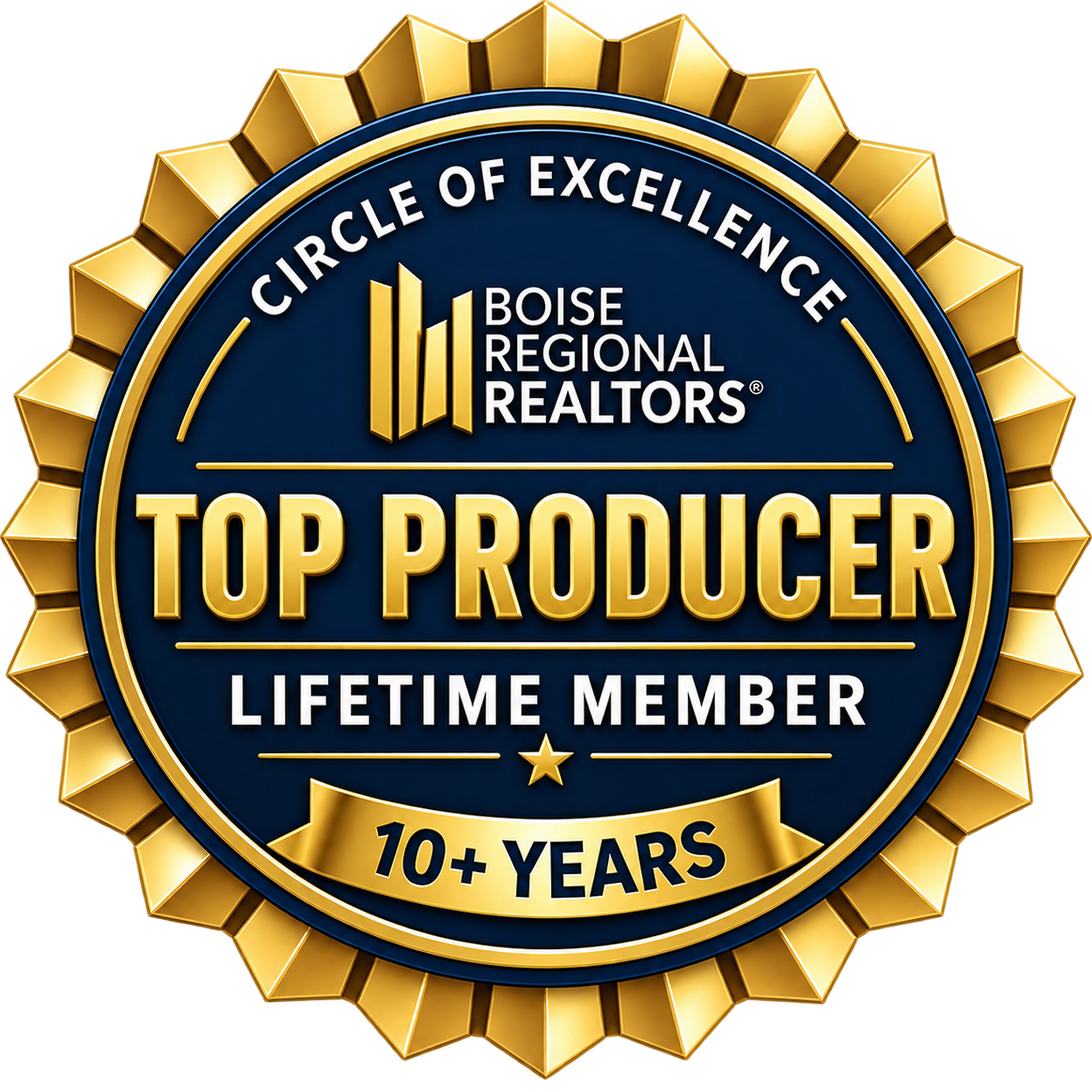 Badge with gold and dark blue design, featuring text celebrating a top producer and lifetime member with 10+ years, from Boise Regional Realtors and the Circle of Excellence.